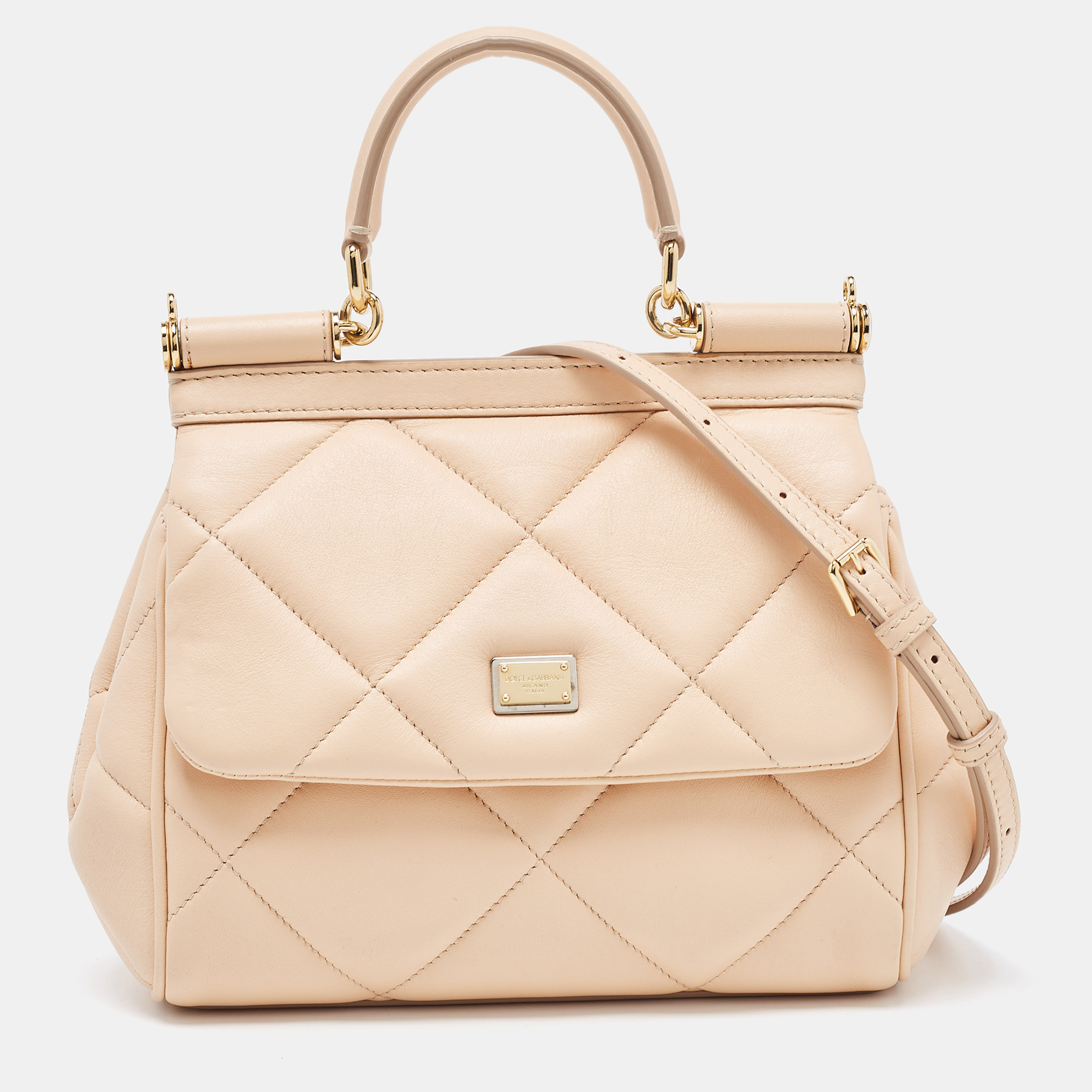 Dolce & Gabbana Beige Quilted Leather Small Miss Sicily Top Handle Bag