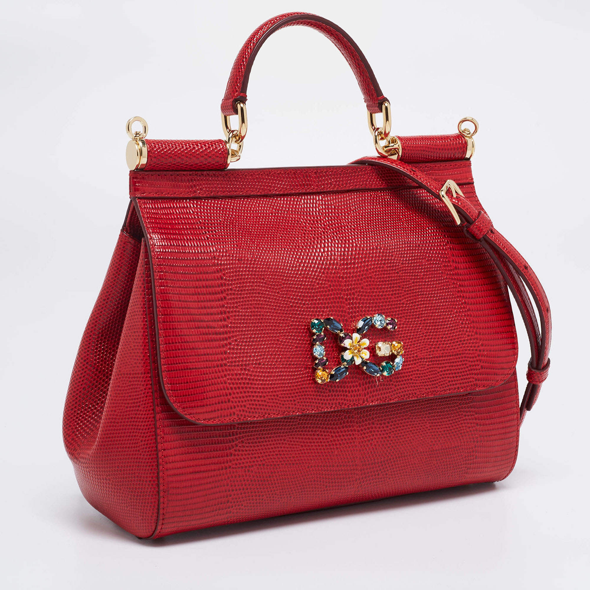 

Dolce & Gabbana Red Lizard Embossed Leather Crystal DG Logo Medium Miss Sicily Bag