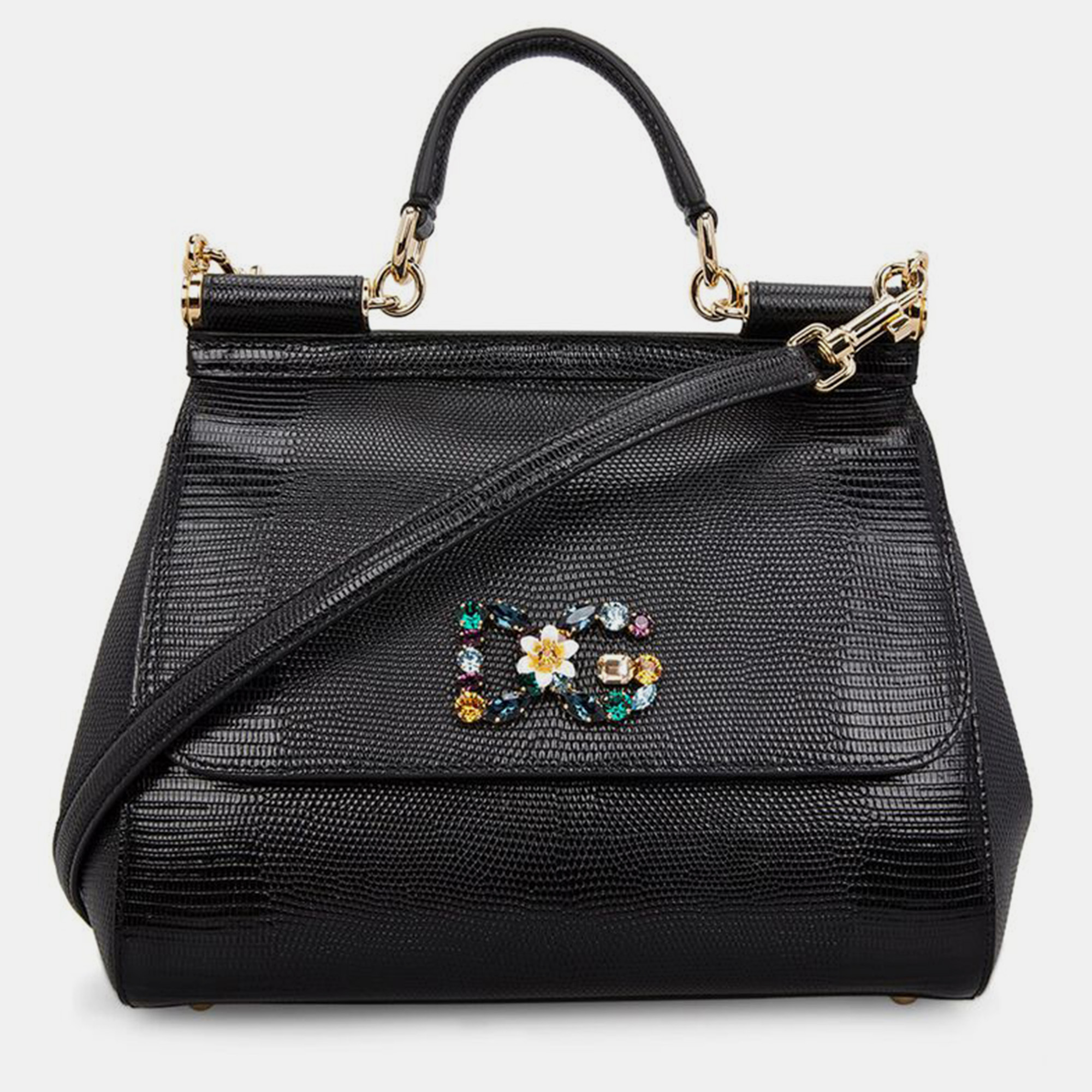 

Dolce & Gabbana Black Lizard Embossed Leather Crystal DG Logo Medium Miss Sicily Bag