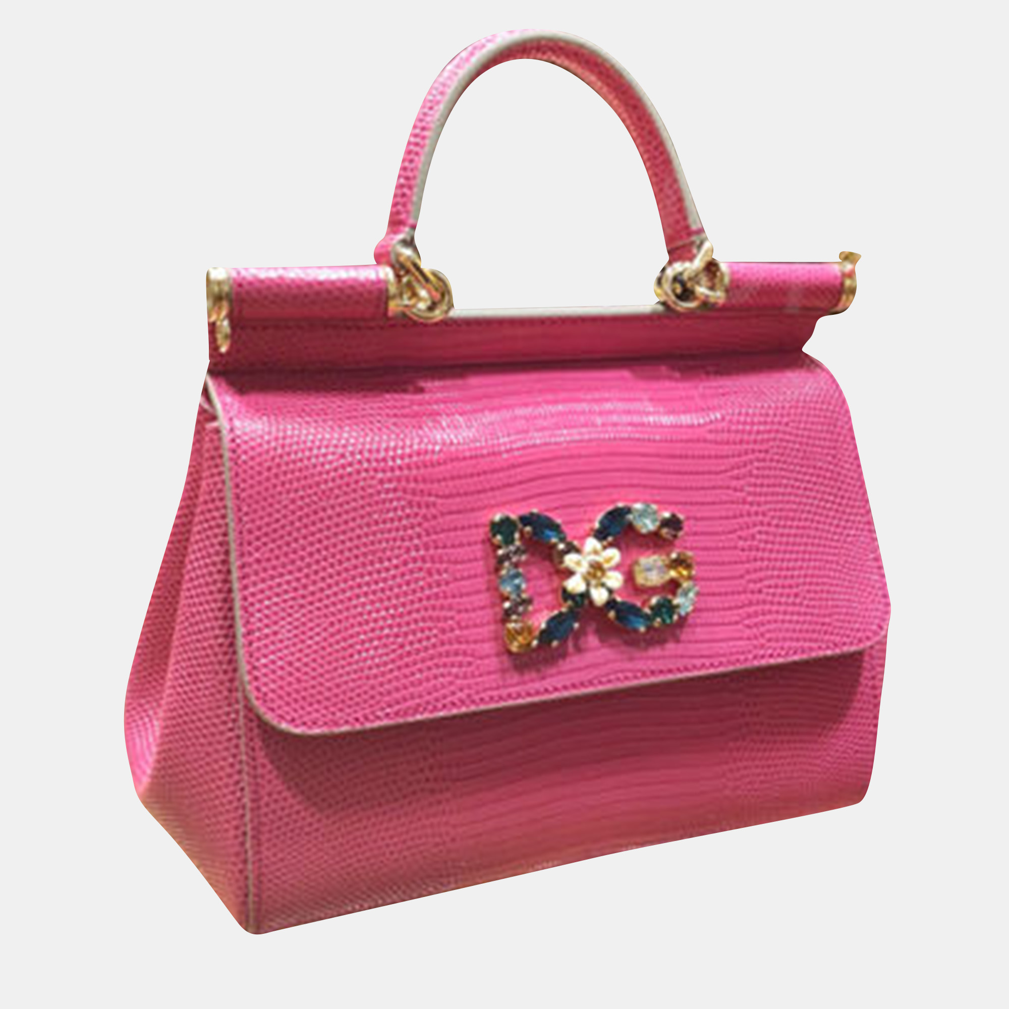 

Dolce & Gabbana Pink Iguana Embossed Leather Crystal DG Logo Small Miss Sicily Bag