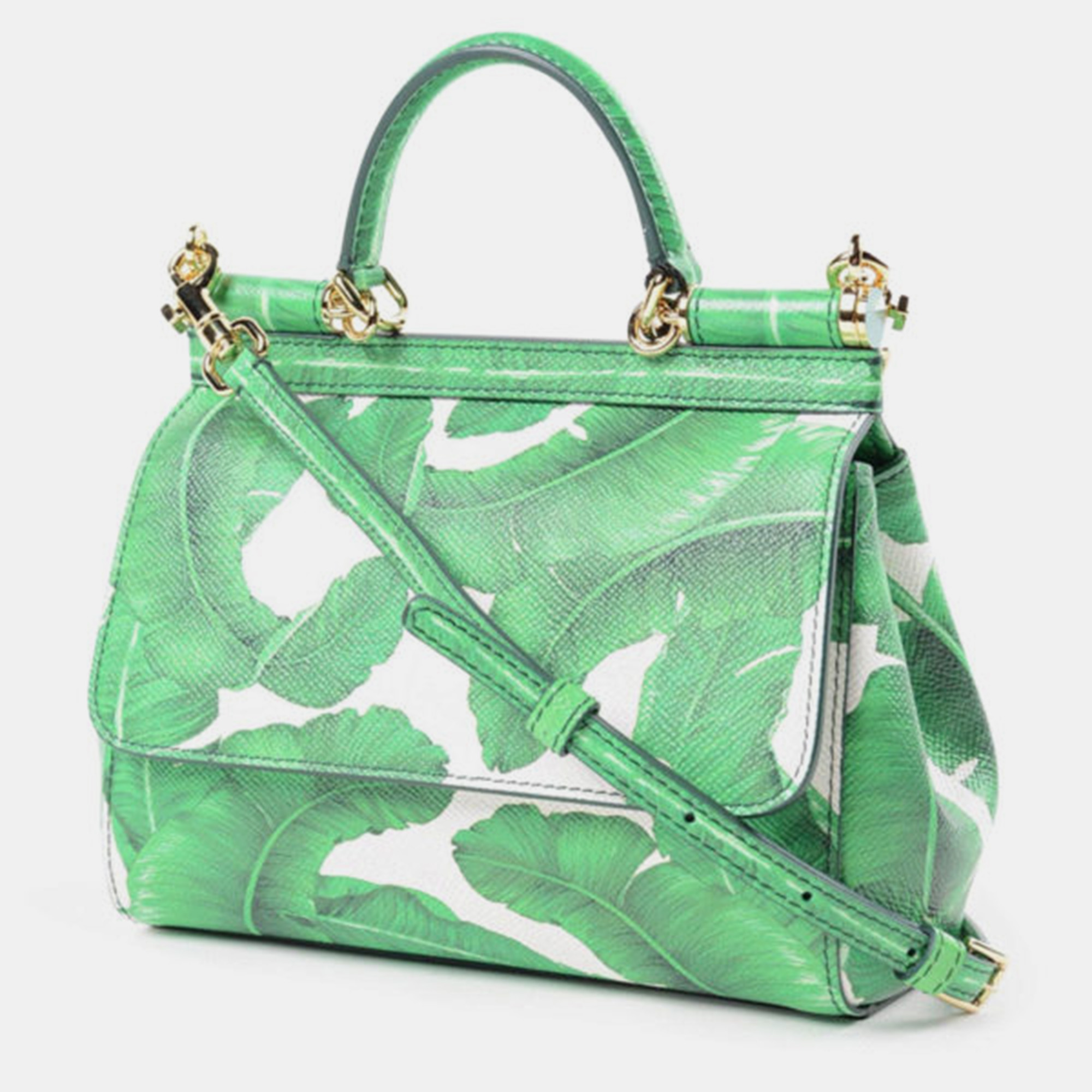 

Dolce & Gabbana Green Banana Leaf Print Leather Small Miss Sicily Top Handle Bag