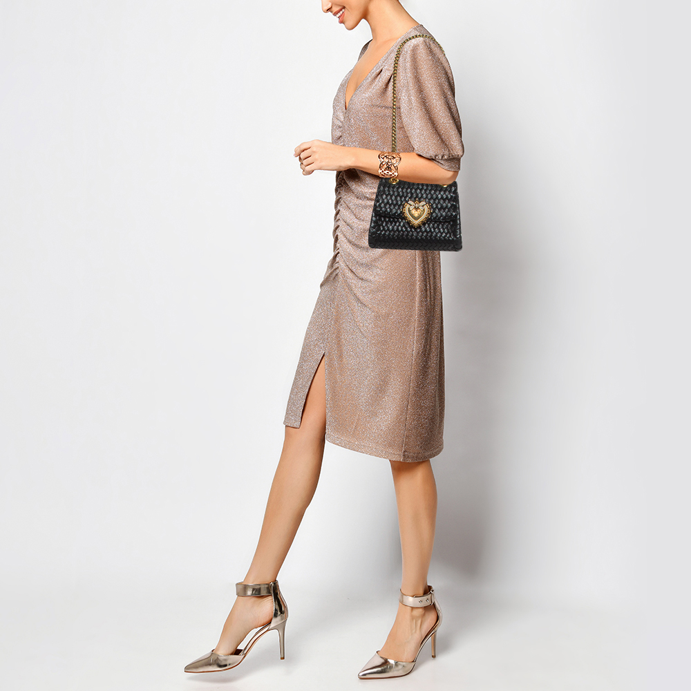 

Dolce & Gabbana Black Woven Leather Medium Devotion Shoulder Bag