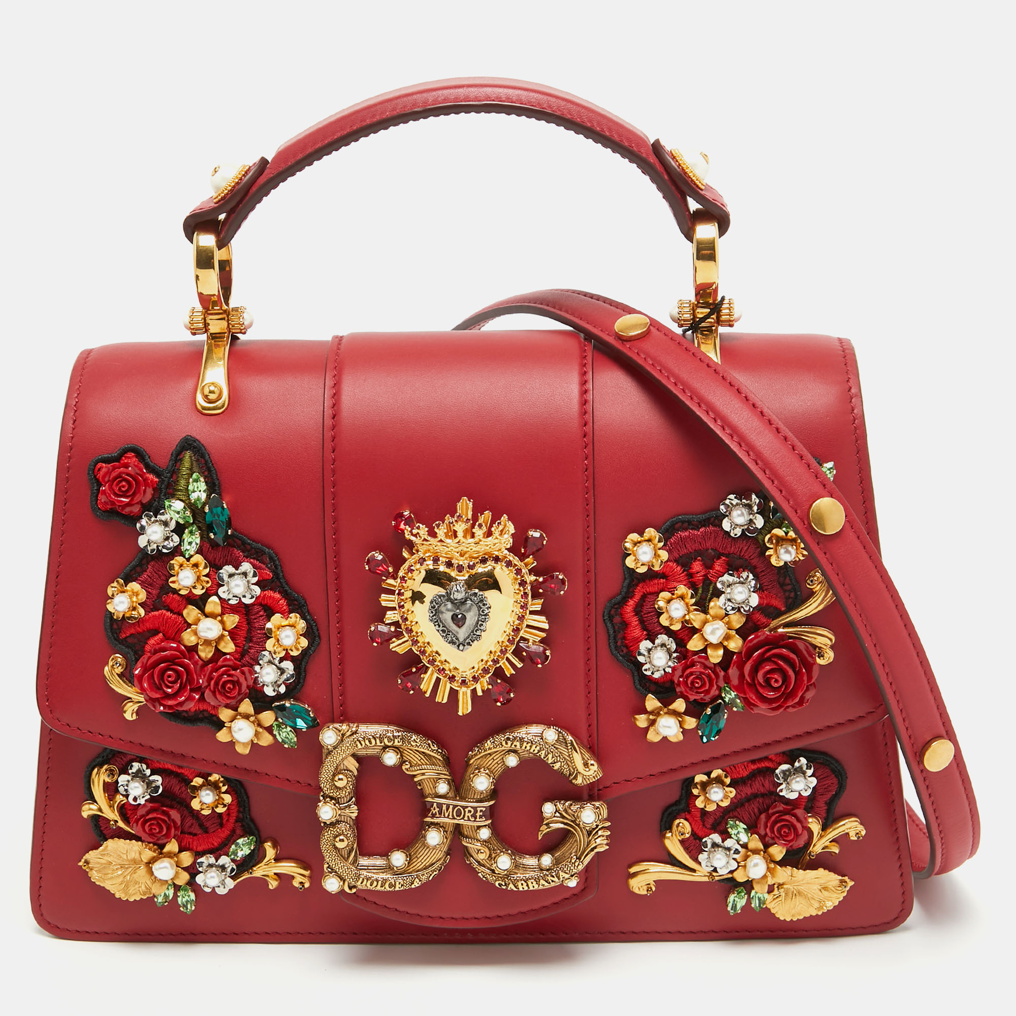 

Dolce & Gabbana Red Leather DG Amore Crystals Top Handle Bag
