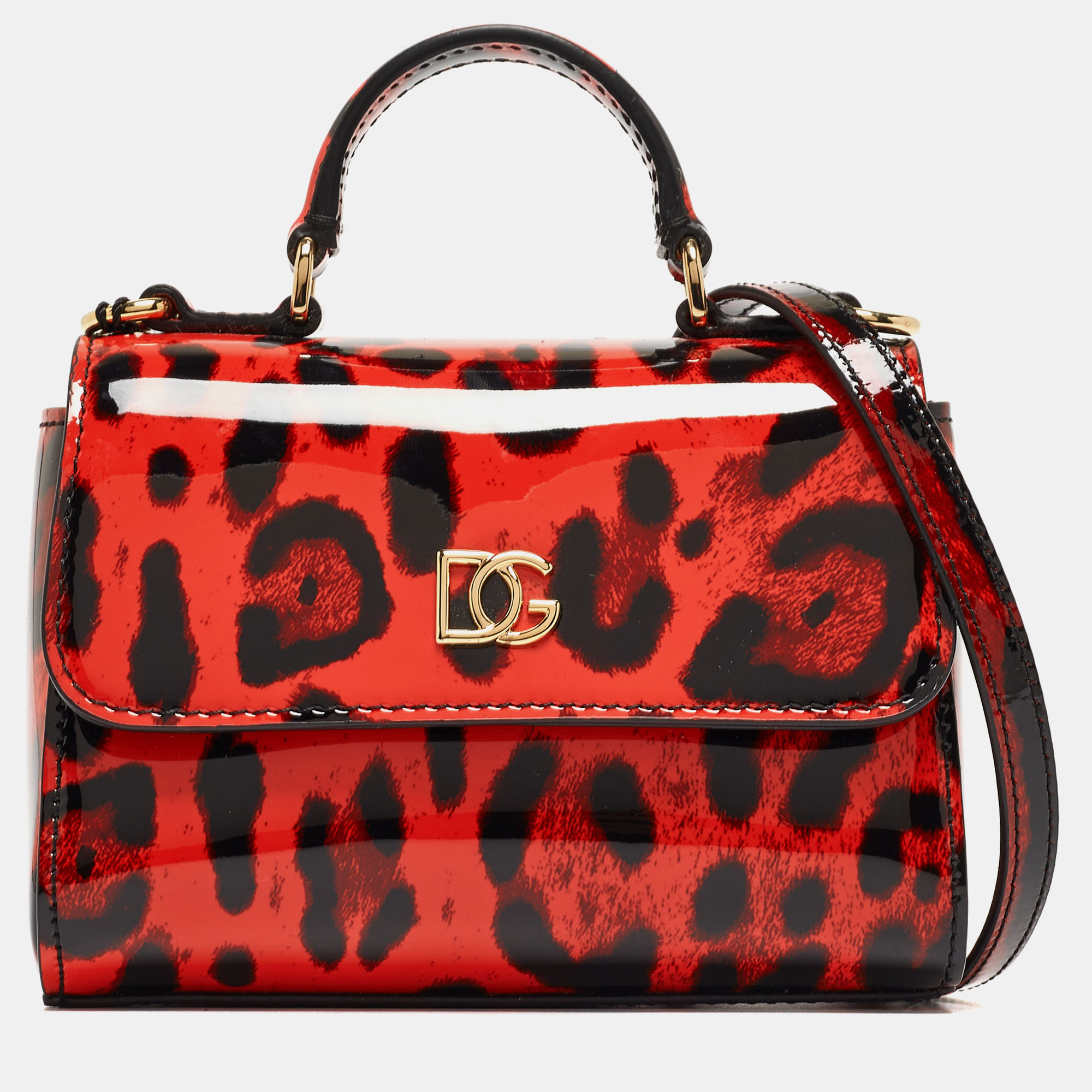 

Dolce & Gabbana Bambino Red/Black Leopard Print Patent Leather Mini Sicily Top Handle Bag