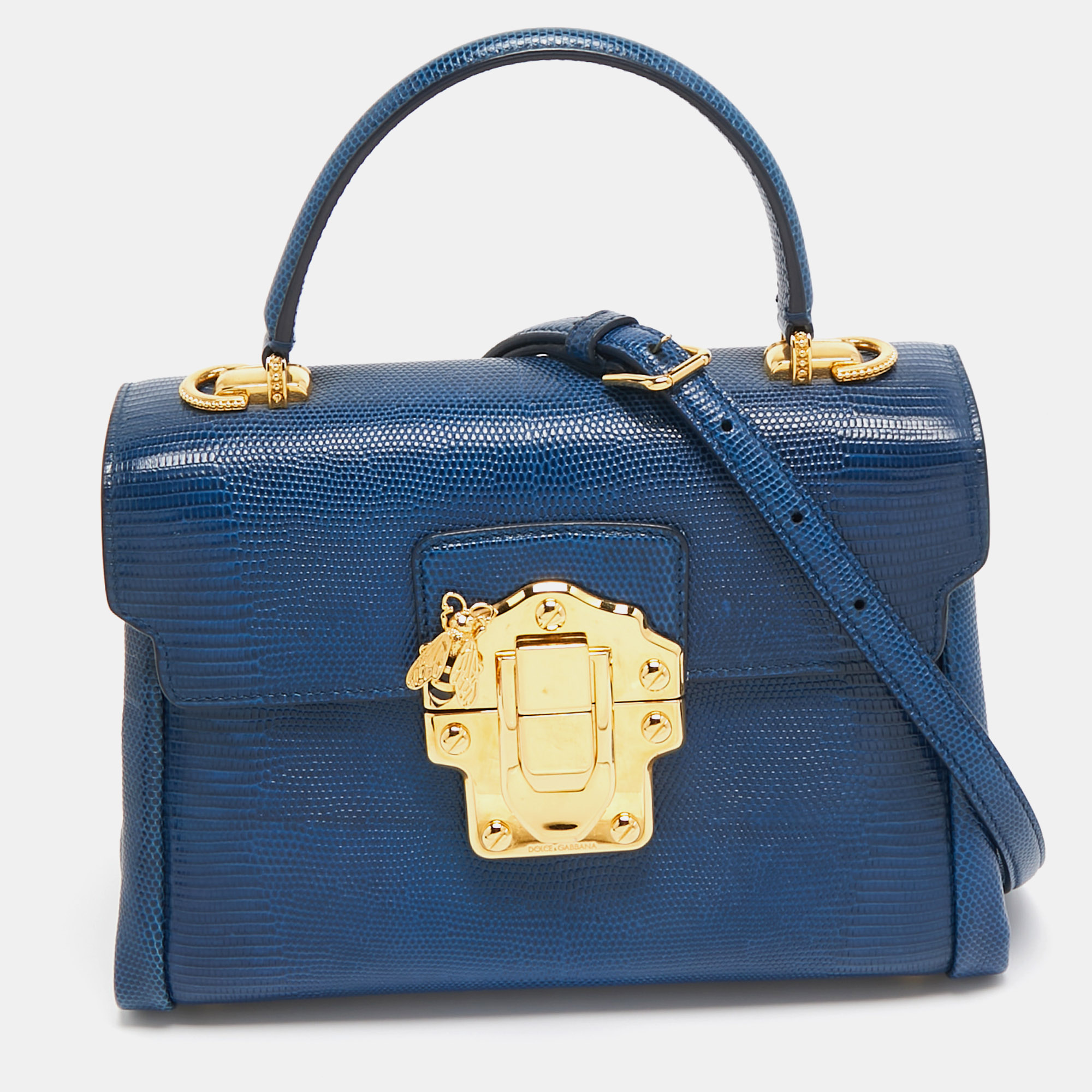 

Dolce & Gabbana Blue Lizard Embossed Leather Lucia Top Handle Bag