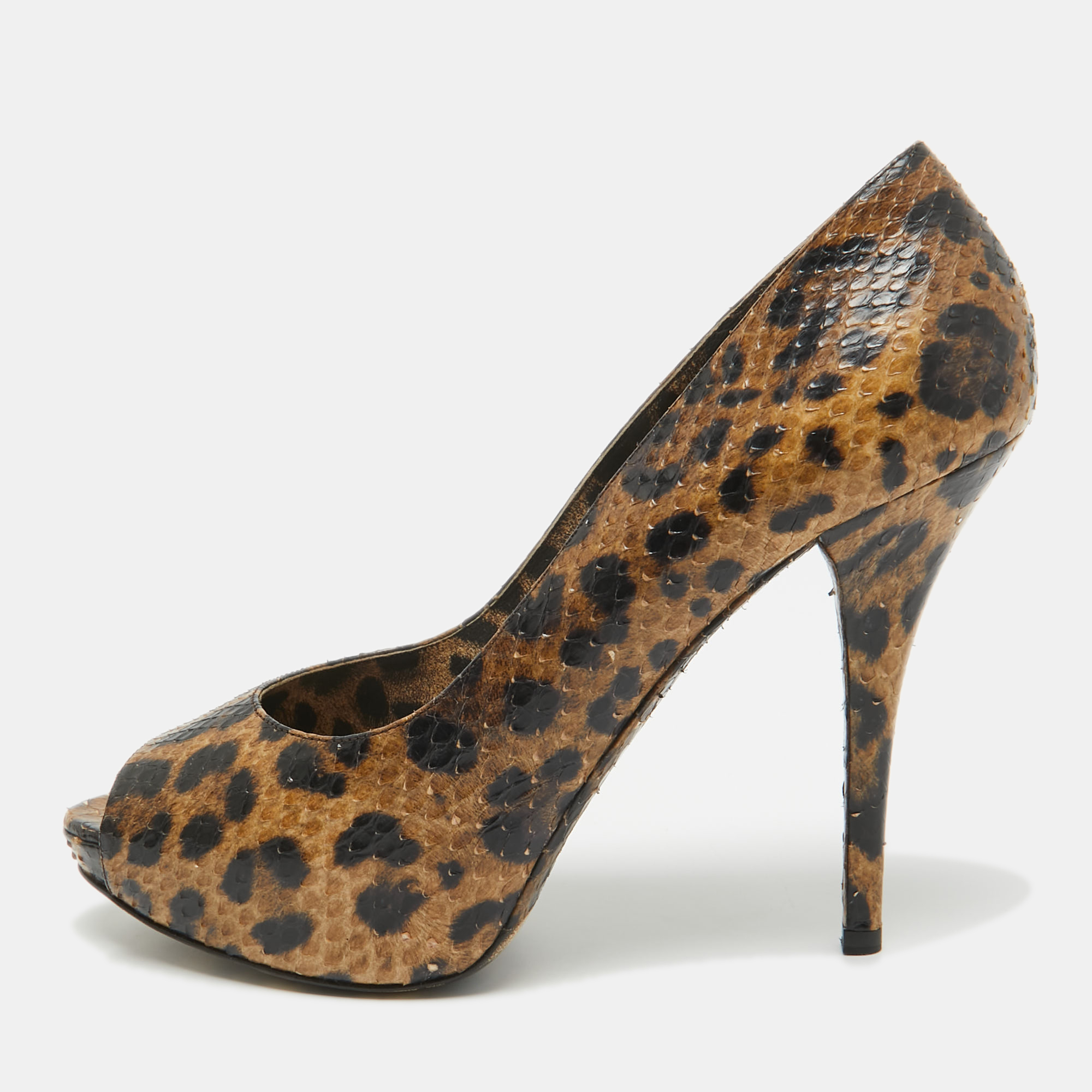 

Dolce & Gabbana Brown/Black Leopard Print Python Open Toe Platform Pumps Size