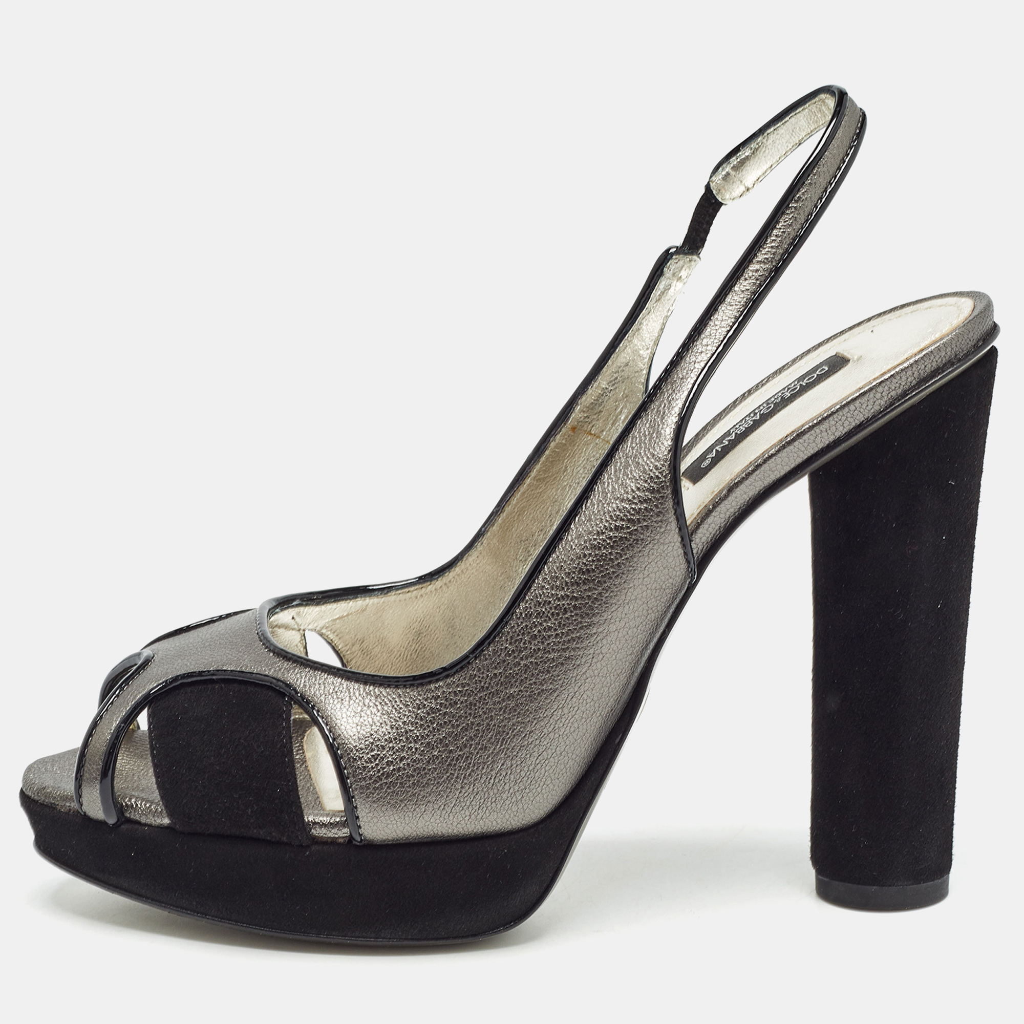 

Dolce & Gabbana Metallic Grey/Black Leather and Suede Platform Slingback Sandals Size