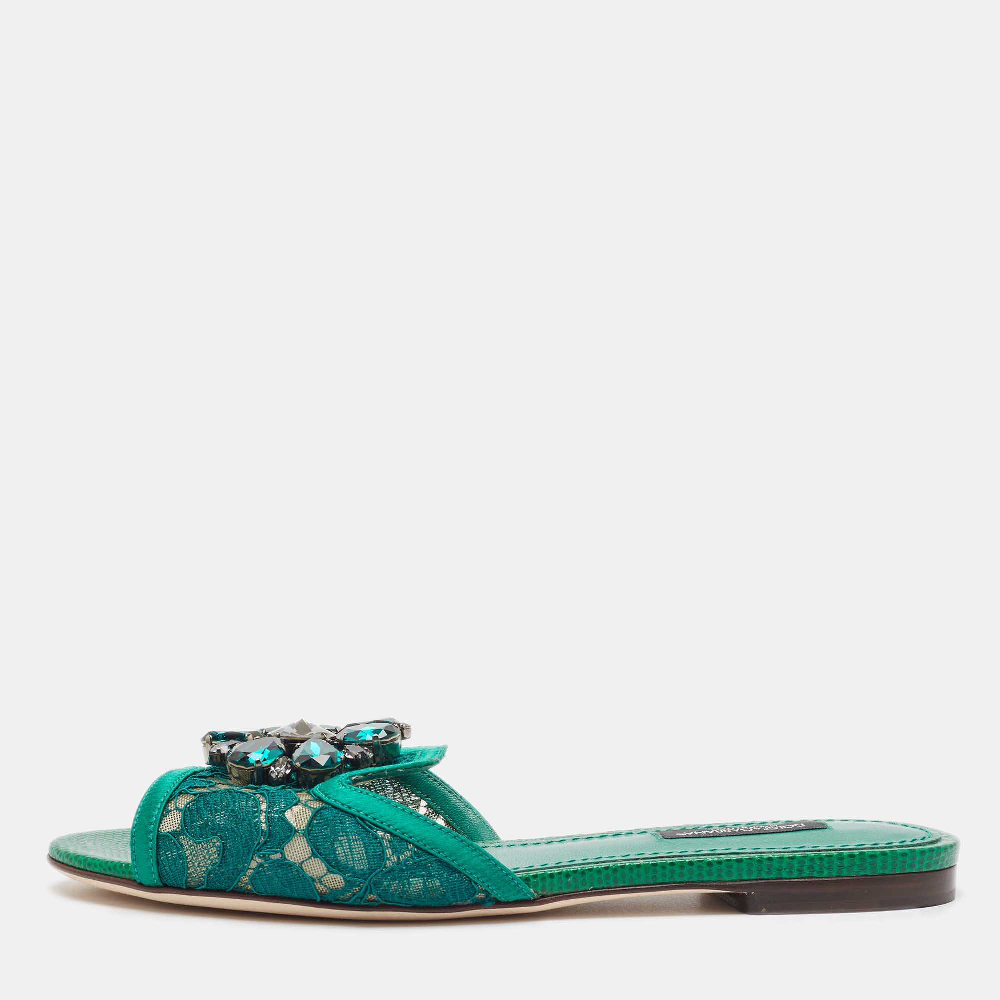 

Dolce & Gabbana Green Lace Crystal Embellished Flat Slides Size