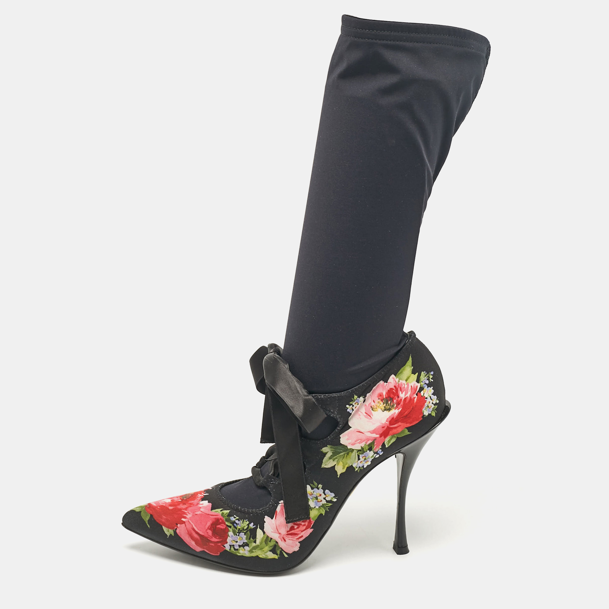 Pre-owned Dolce & Gabbana Multicolor Stretch Fabric Flower Embraided Boots Size 40