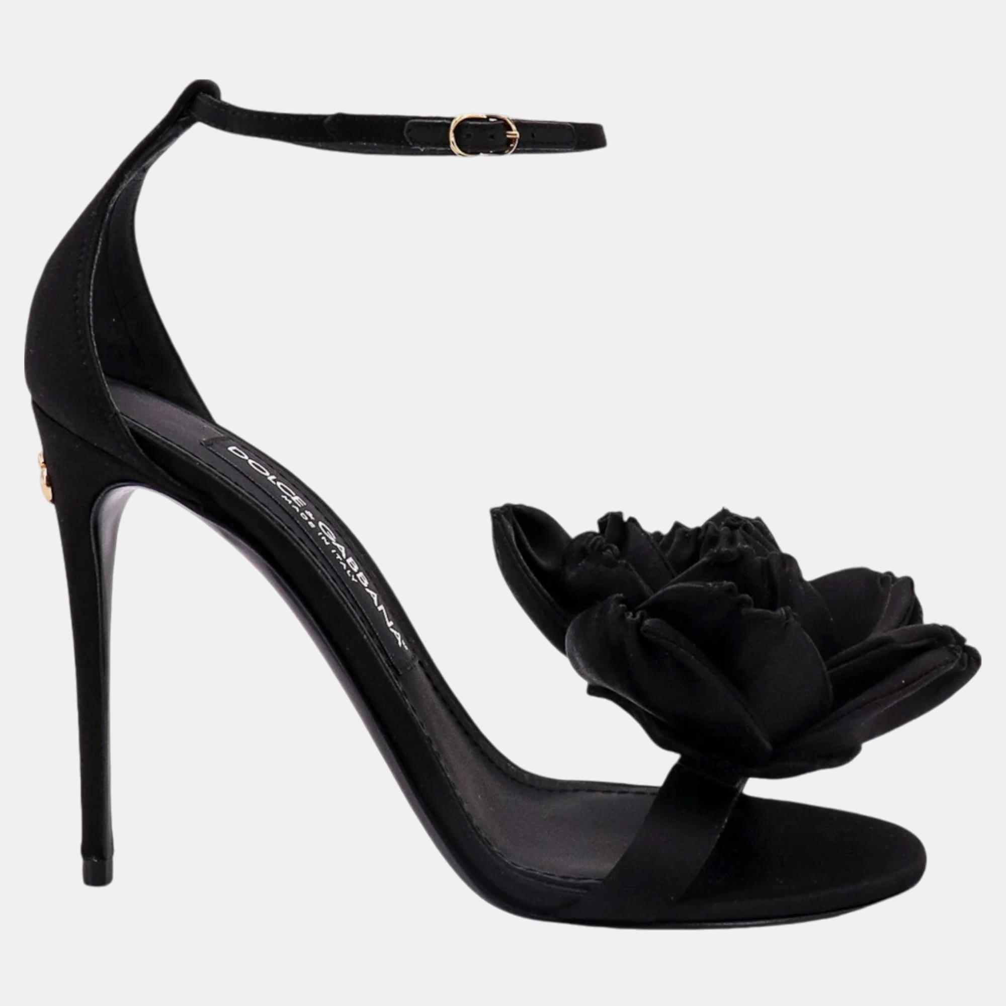 

Dolce & Gabbana Black Satin Floral Application Sandals EU