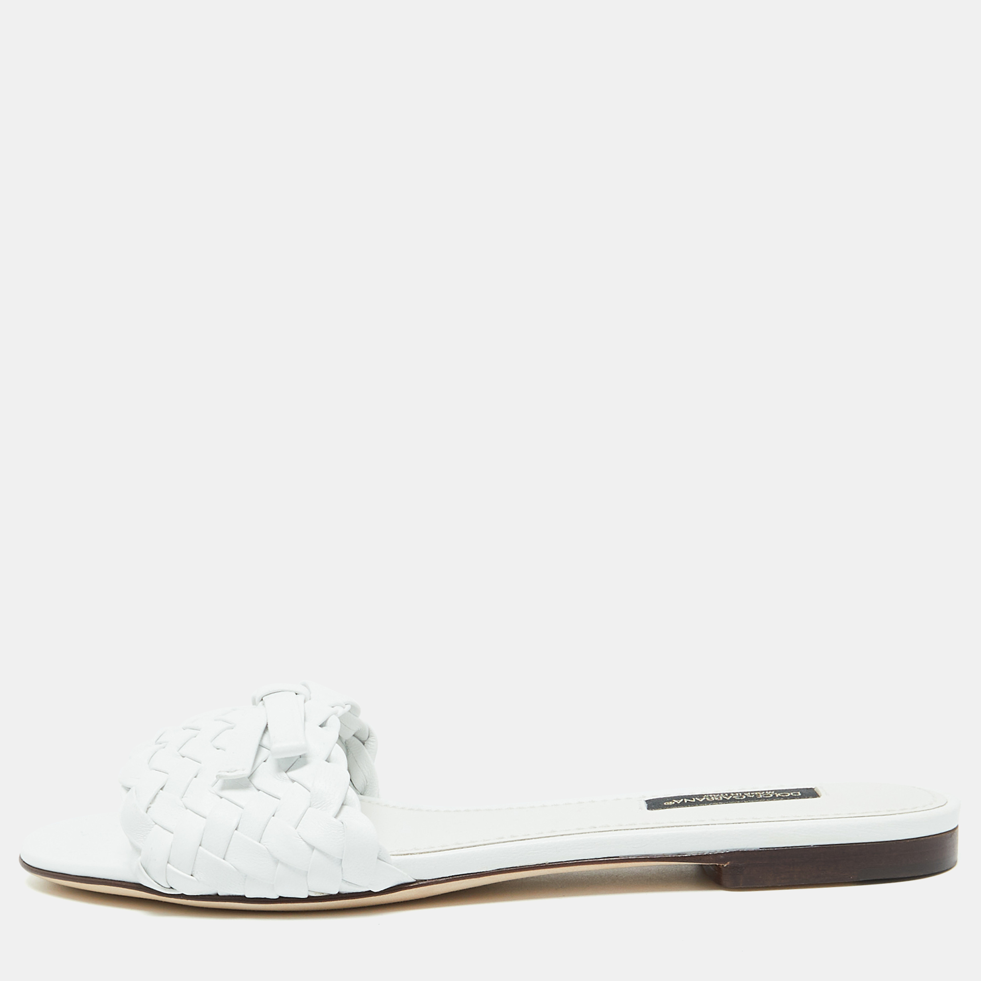 

Dolce & Gabbana White Braided Leather Flat Slides Size