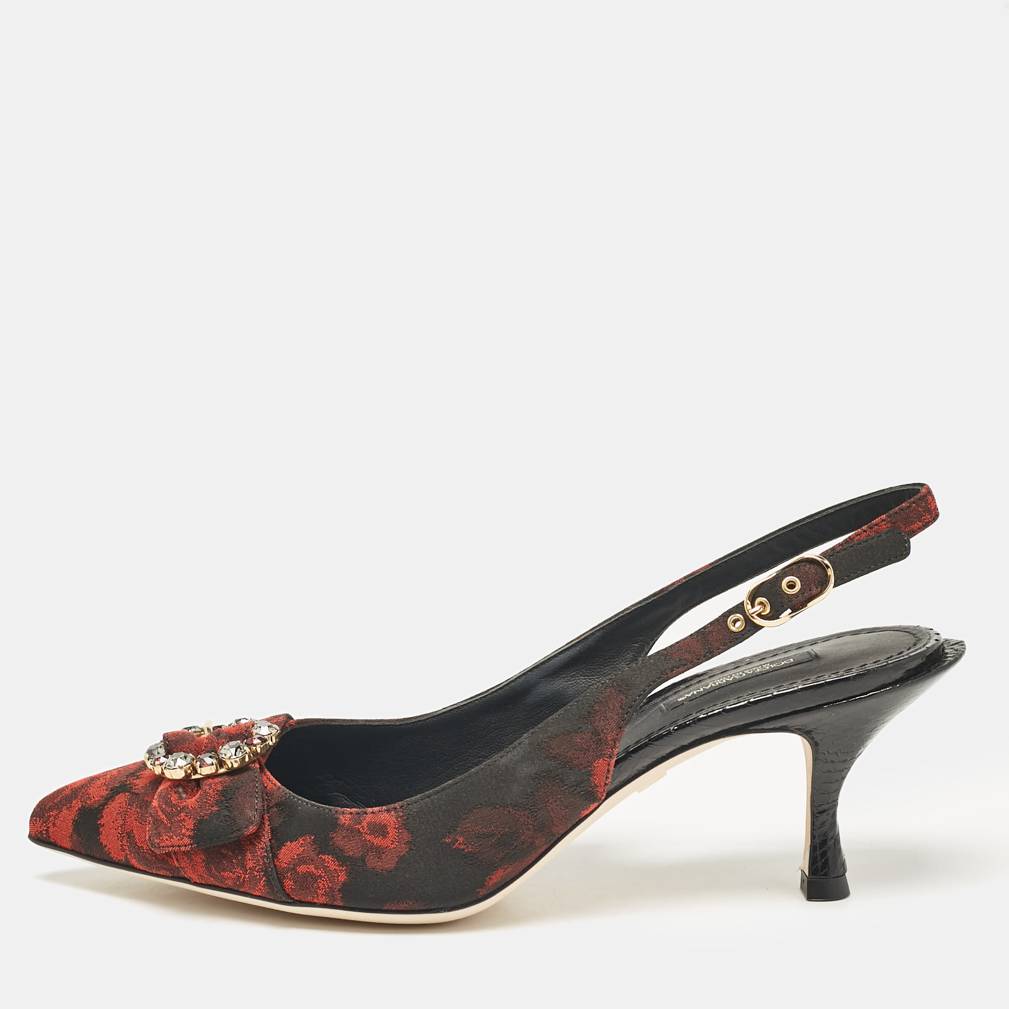 

Dolce & Gabbana Black/Red Floral Print Fabric Crystal Embellished Slingback Pumps Size