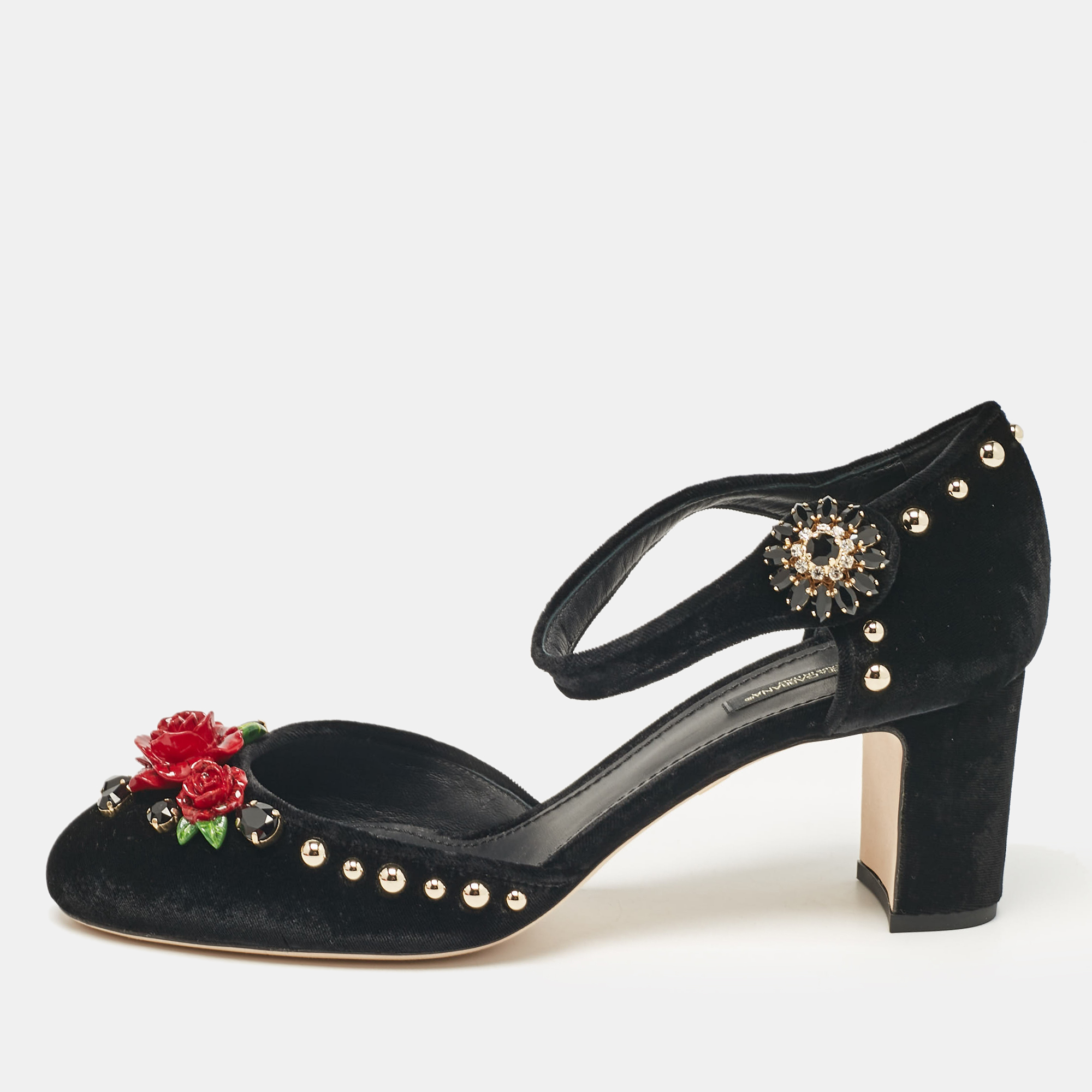 

Dolce & Gabbana Black Velvet Studded and Rose Embellished Ankle Strap Pumps Size