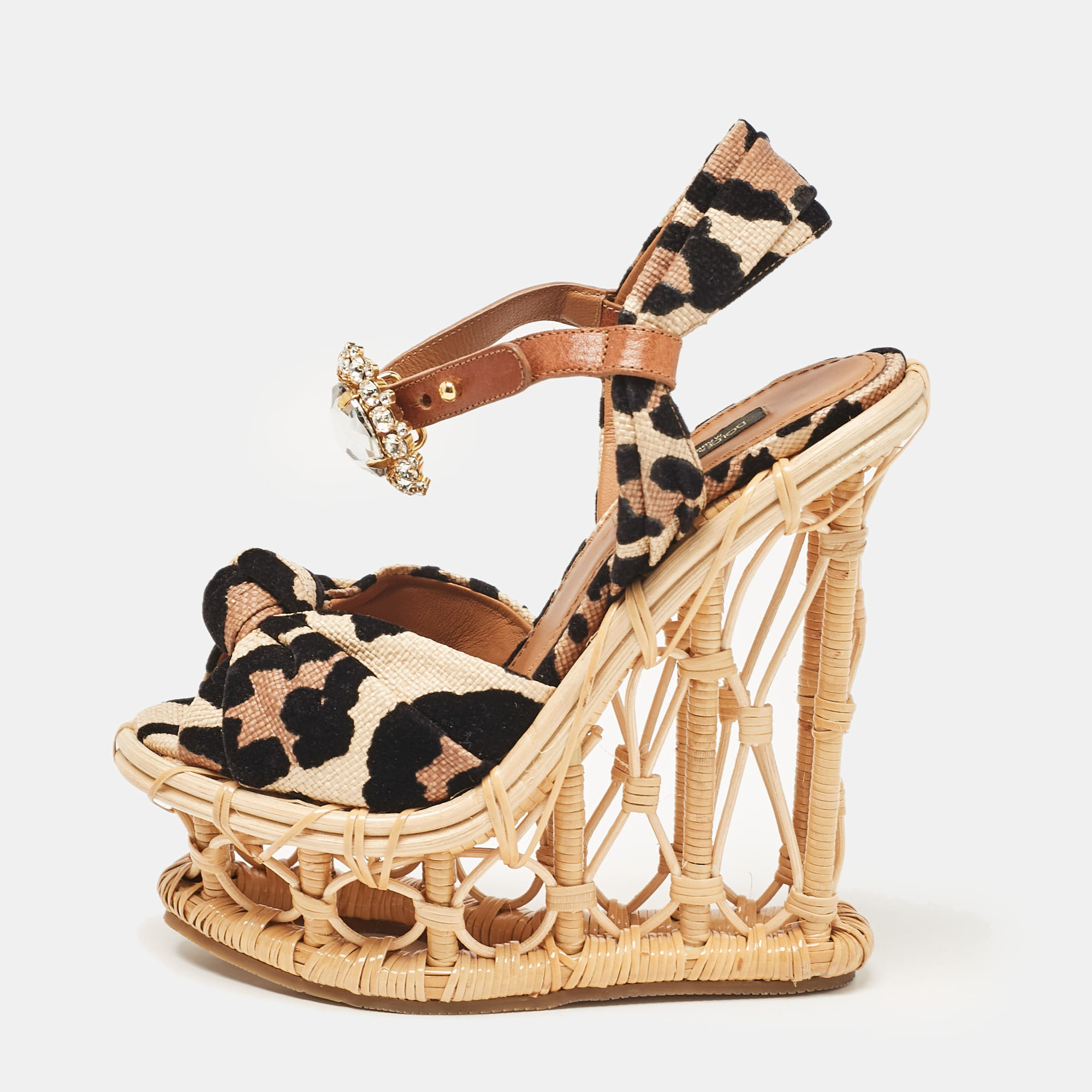 

Dolce & Gabbana Beige/Black Leopard Print Straw Crystal Brooch Platform Sandals Size