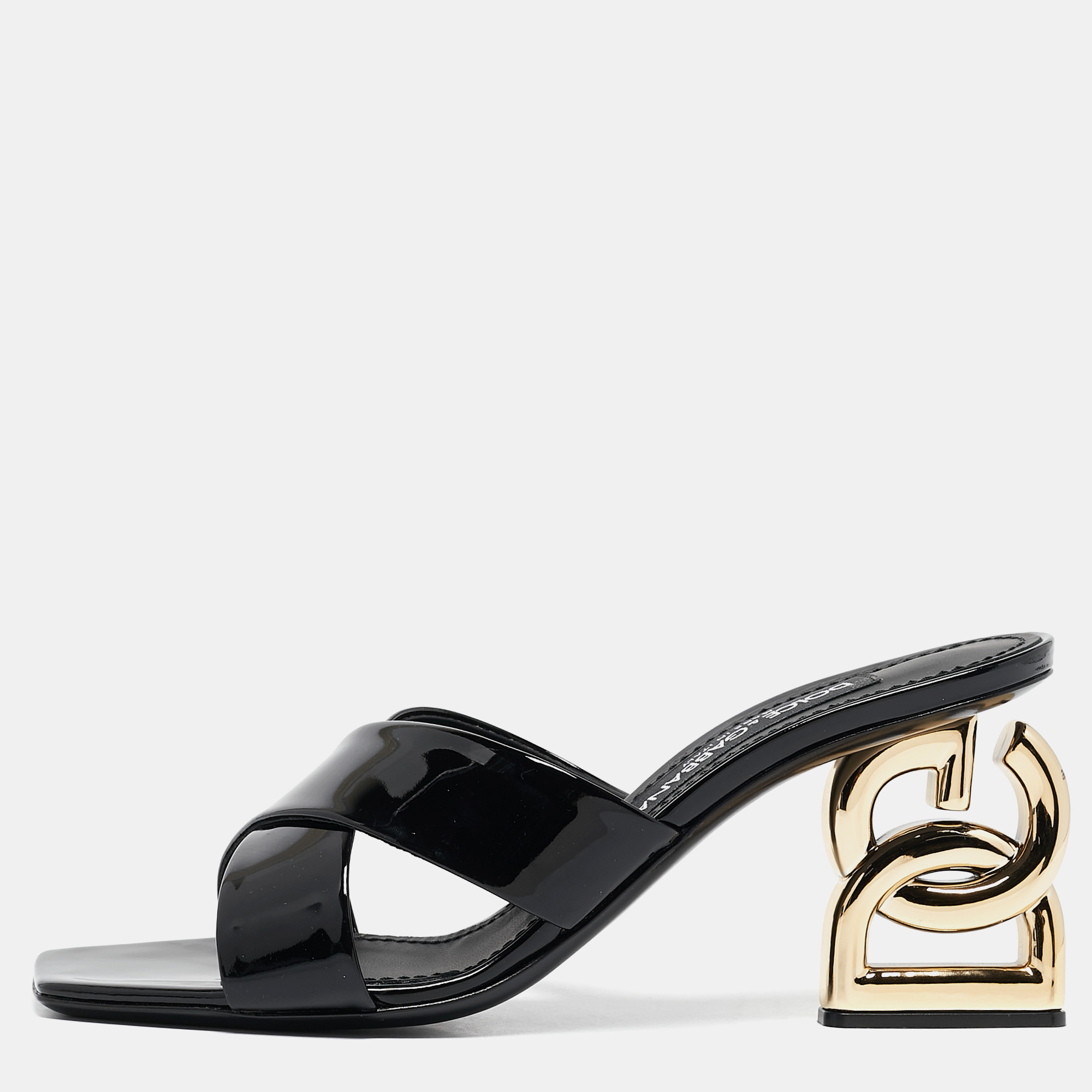 

Dolce & Gabbana Black Patent Leather DG Heel Slide Sandals Size