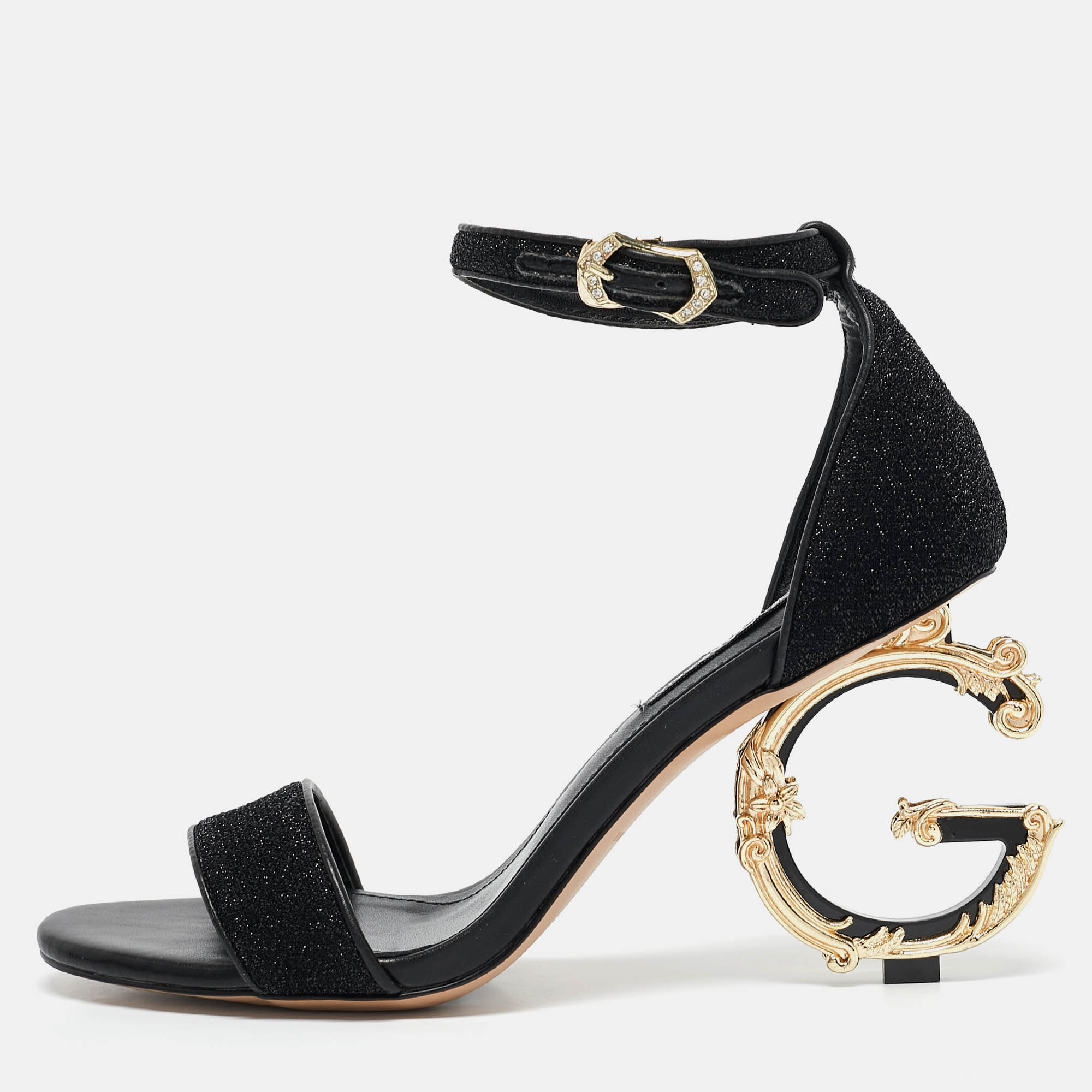 

Dolce & Gabbana Black Leather and Lurex Keira DG Baroque Sandals Size