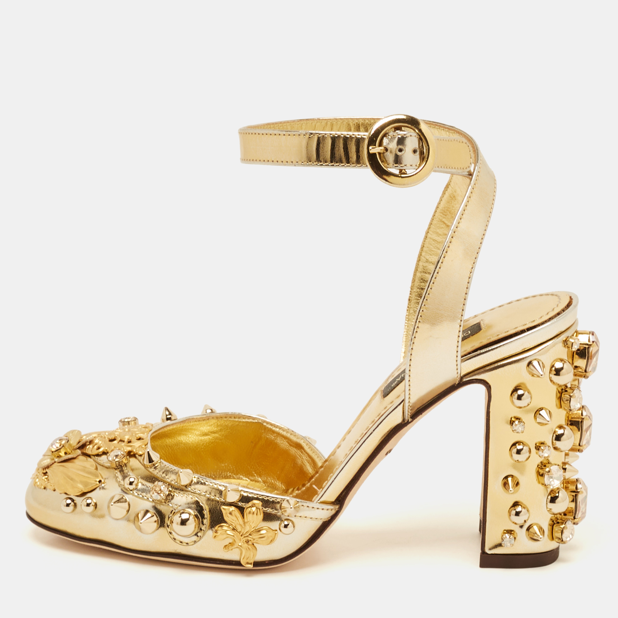 

Dolce & Gabbana Gold Leather Embellished Ankle Wrap Sandals Size