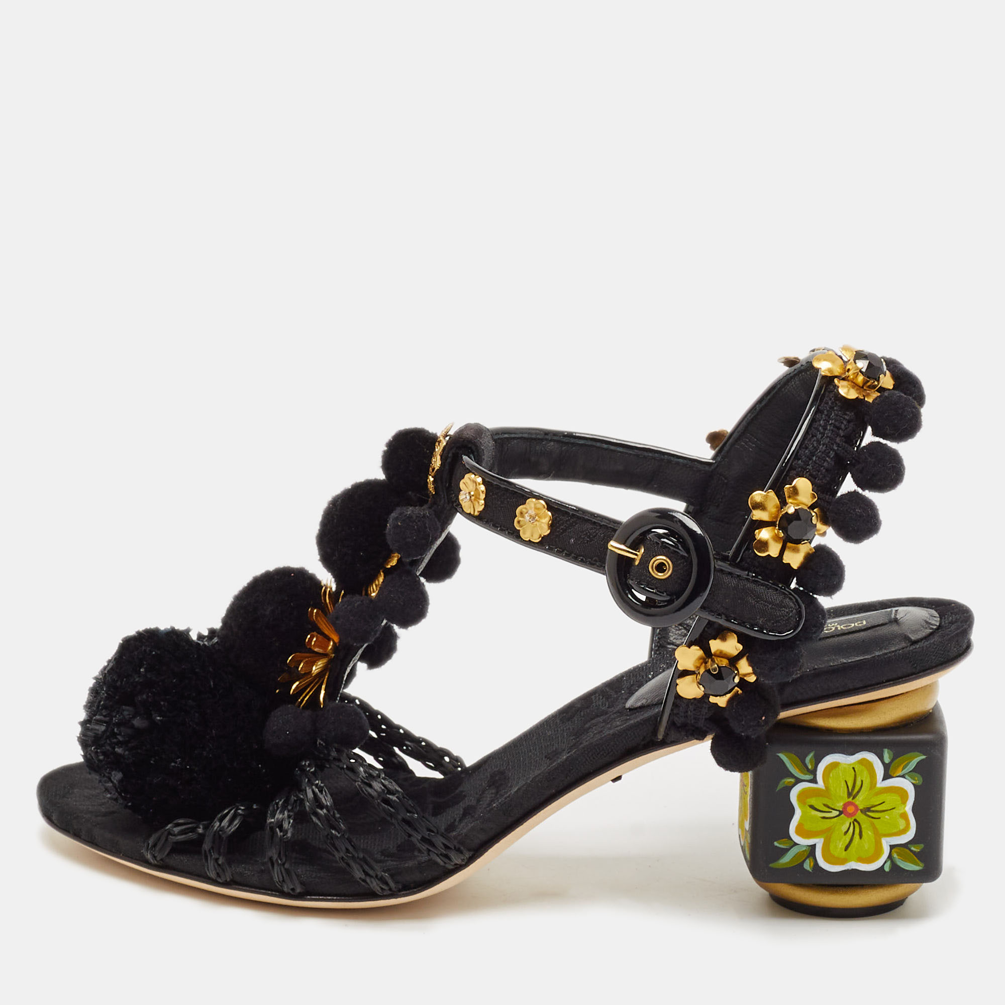 

Dolce & Gabbana Black Fabric and Raffia Pom Pom Embellished T-Strap Sandals Size