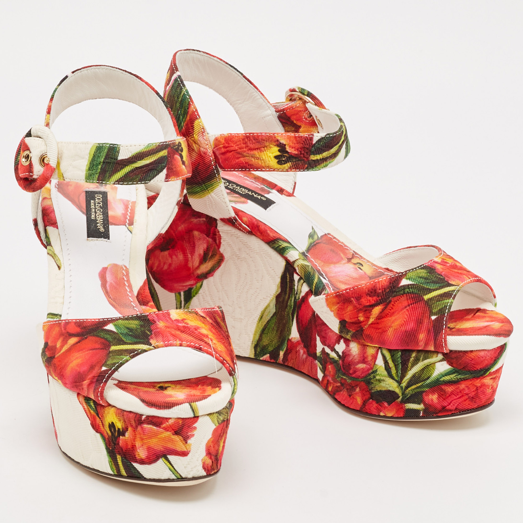 Dolce & Gabbana Multicolor Floral Printed Fabric Platform Wedge Sandals Size 35 