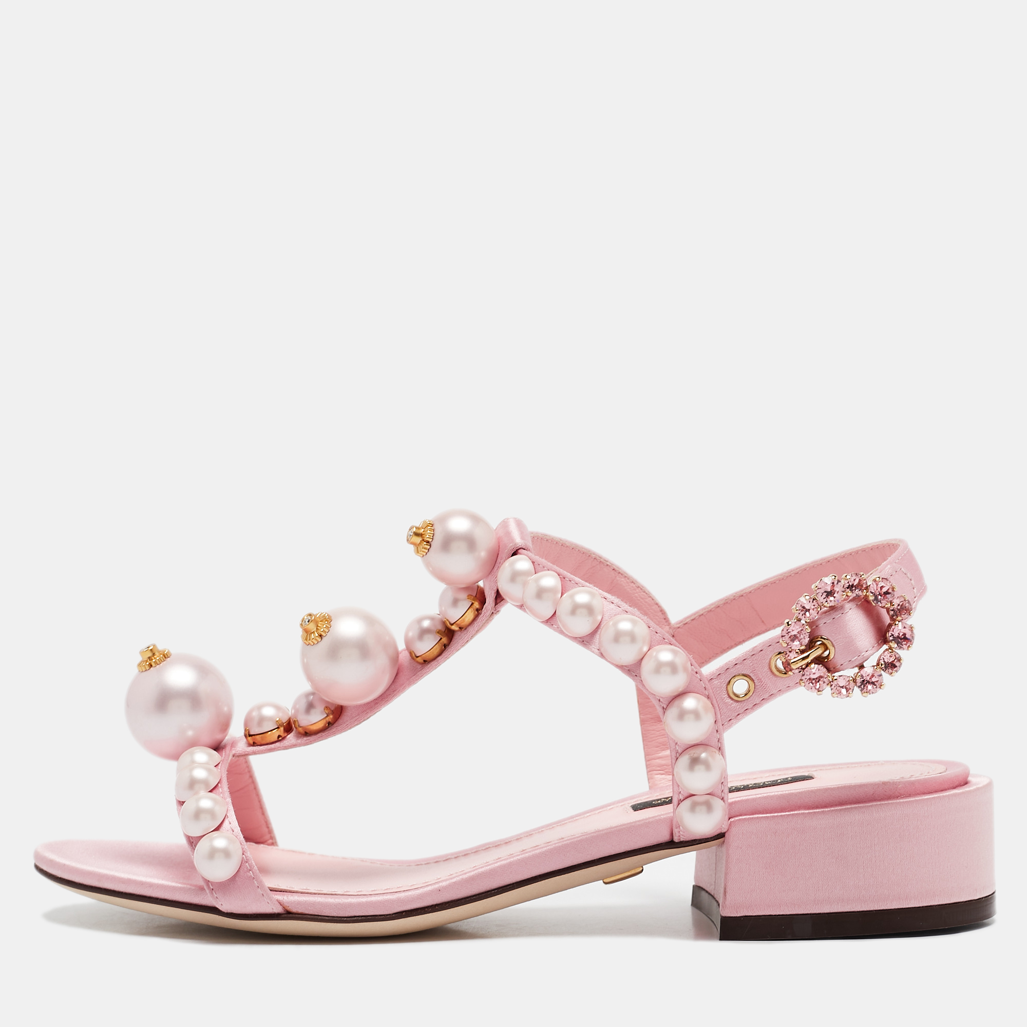 

Dolce & Gabbana Pink Satin Pearl Keira Ankle Strap Sandals Size