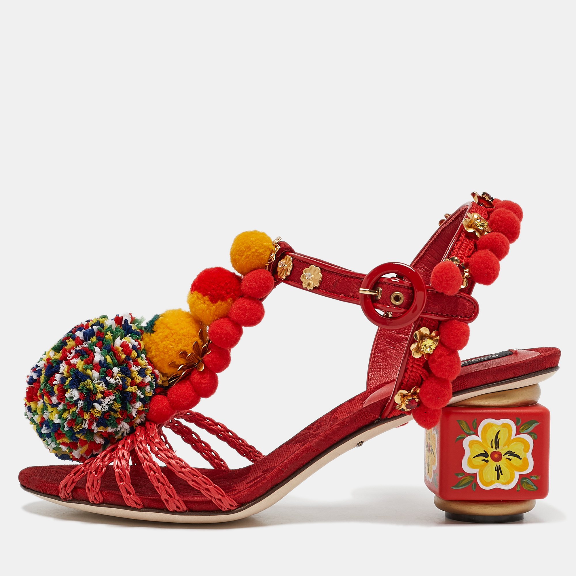 

Dolce & Gabbana Red Fabric and Raffia Pom Pom Embellished T-Strap Sandals Size