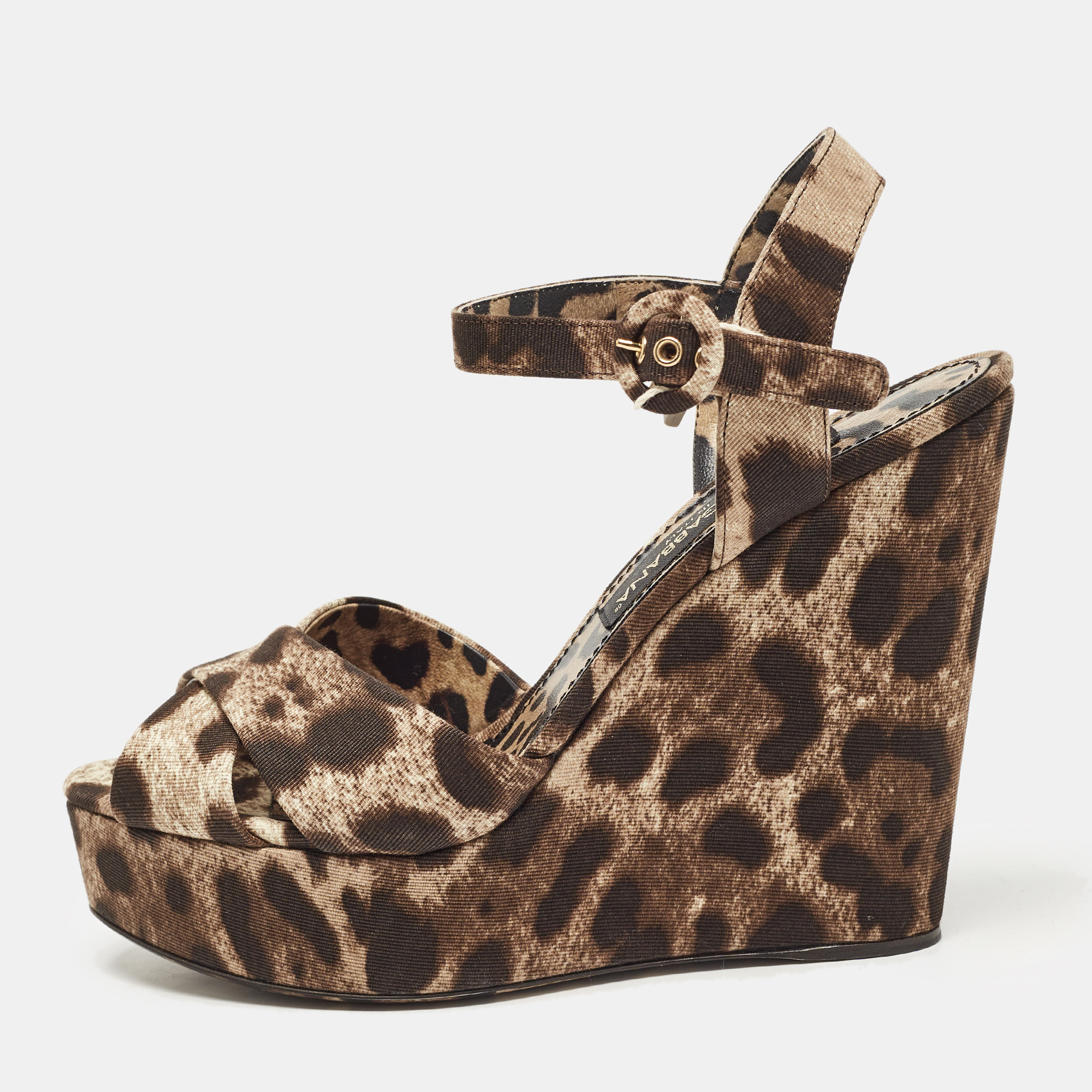 

Dolce & Gabbana Brown Leopard Print Fabric Cross Strap Wedge Sandals Size