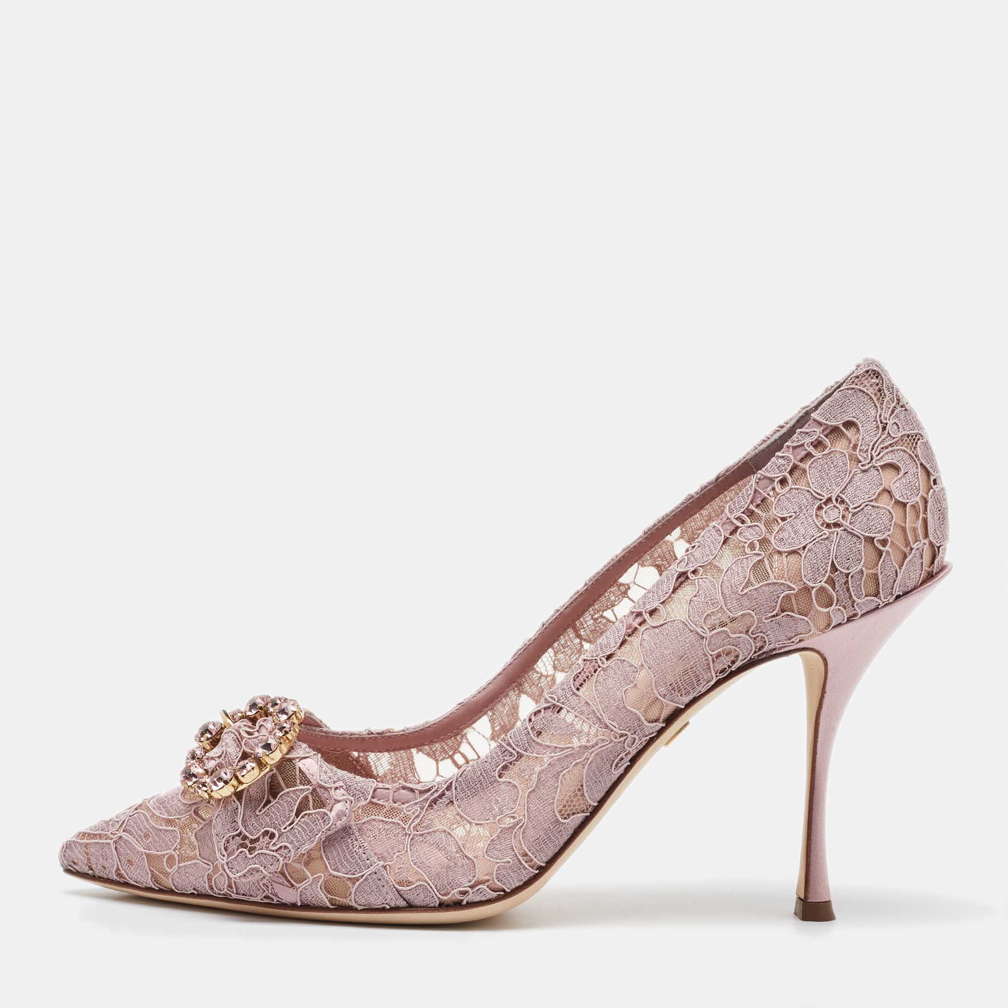 

Dolce & Gabbana Light Pink Lace Crystal Buckle Pumps Size