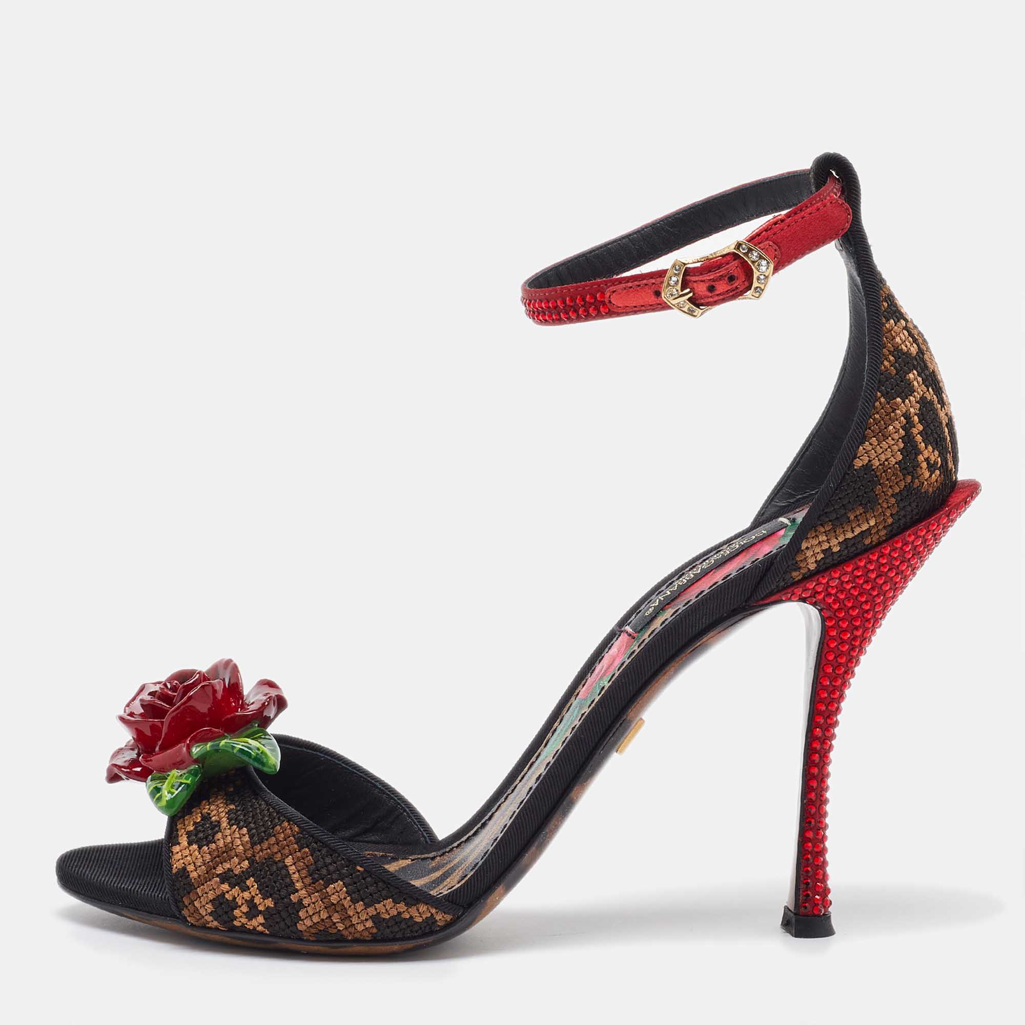 

Dolce & Gabbana Brown/Black Canvas and Satin Rose Applique Ankle Strap Sandals Size