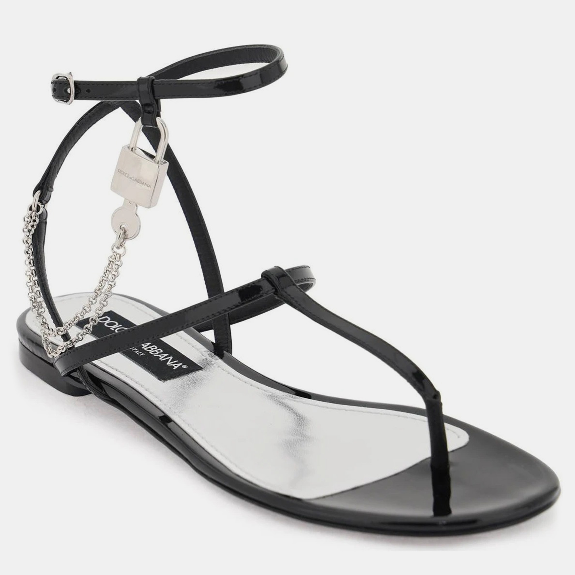 

Dolce & Gabbana Black Patent Leather Thong Sandals with Padlock Women’s