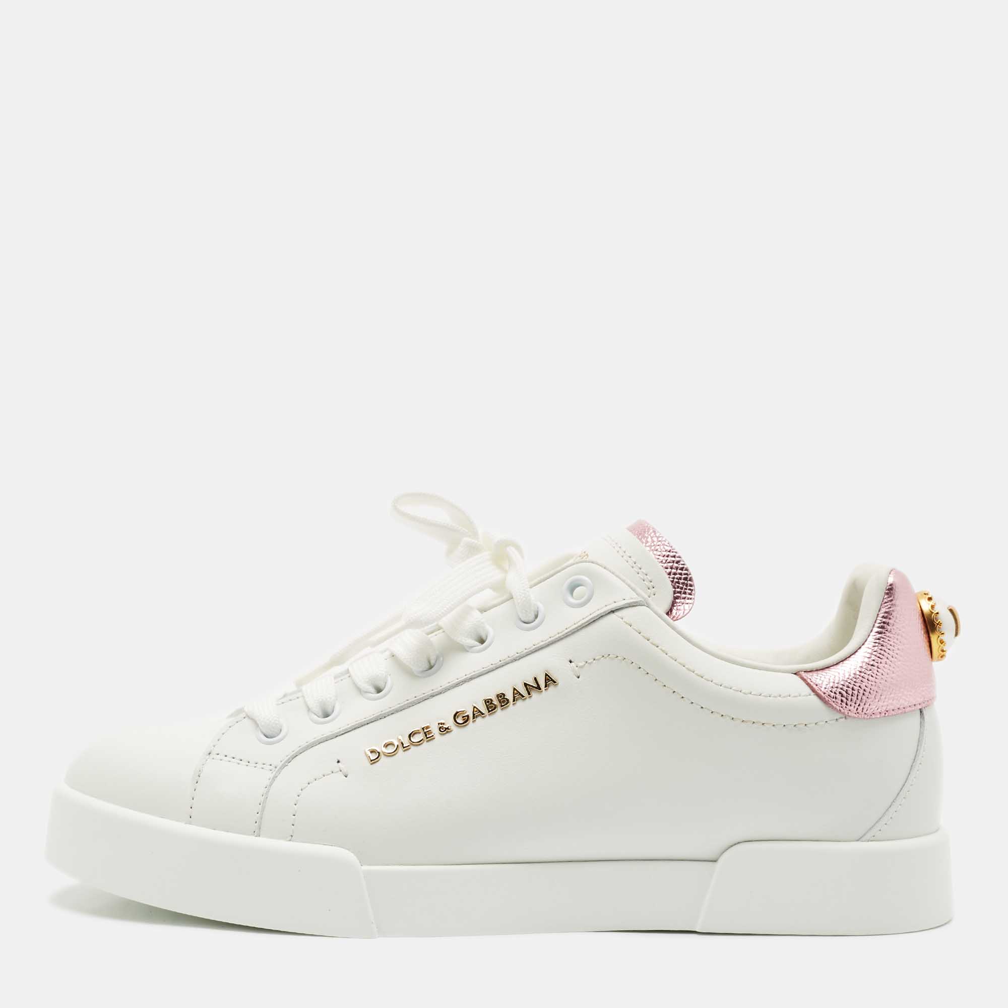 

Dolce & Gabbana White/Pink Leather Portofino Low Top Sneakers Size