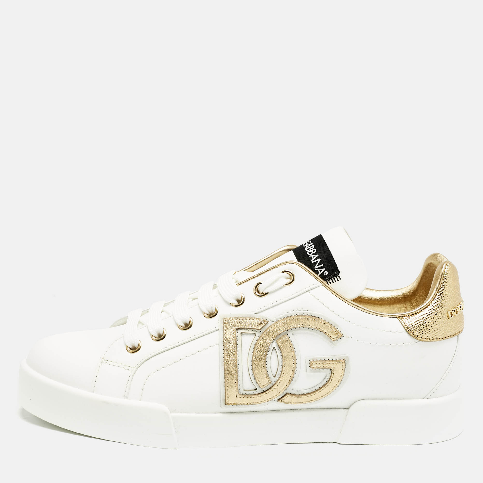 

Dolce & Gabbana White/Gold Leather Portofino DG Logo Sneakers Size