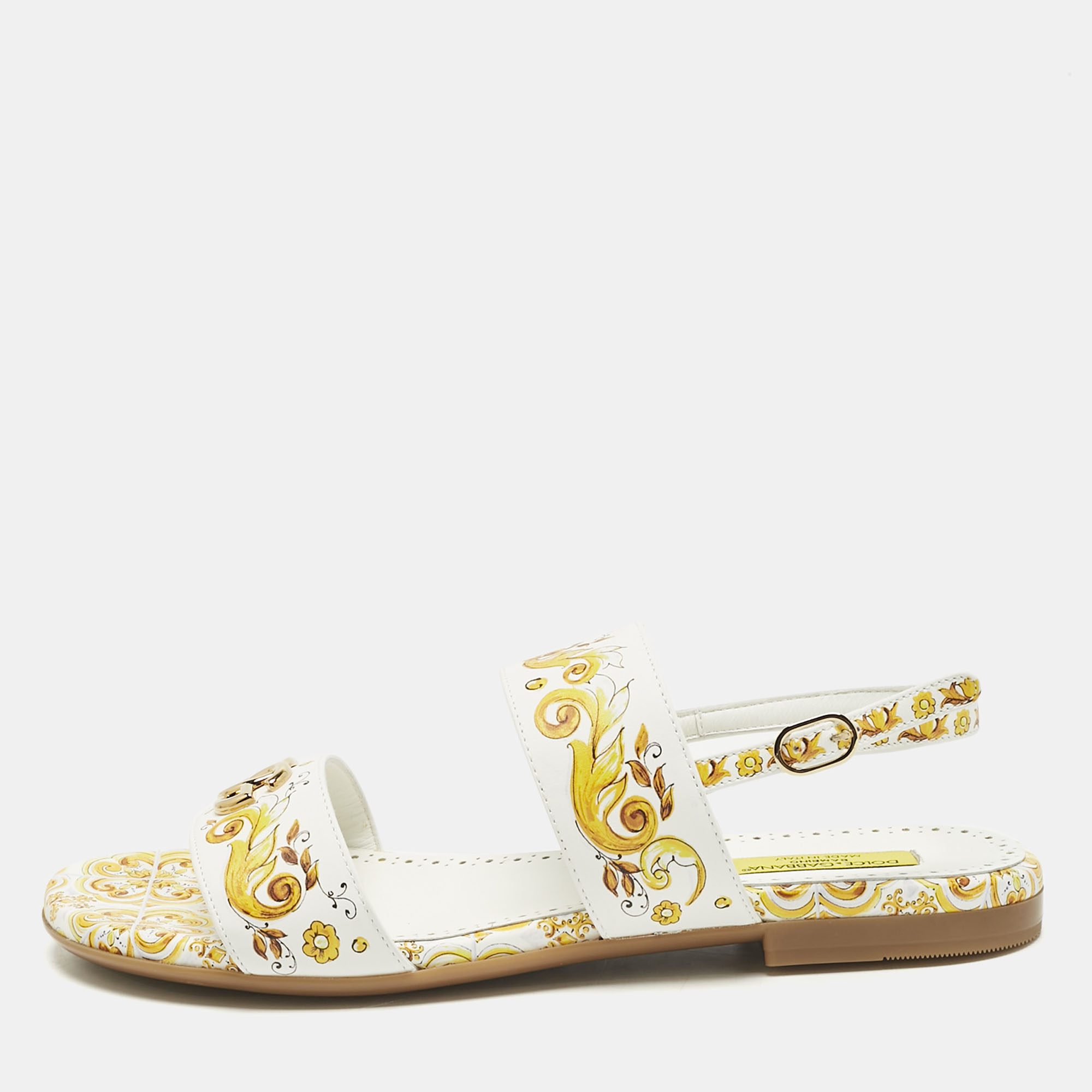 

Dolce & Gabbana Yellow/White Majolica Print Leather Flat Sandals Size
