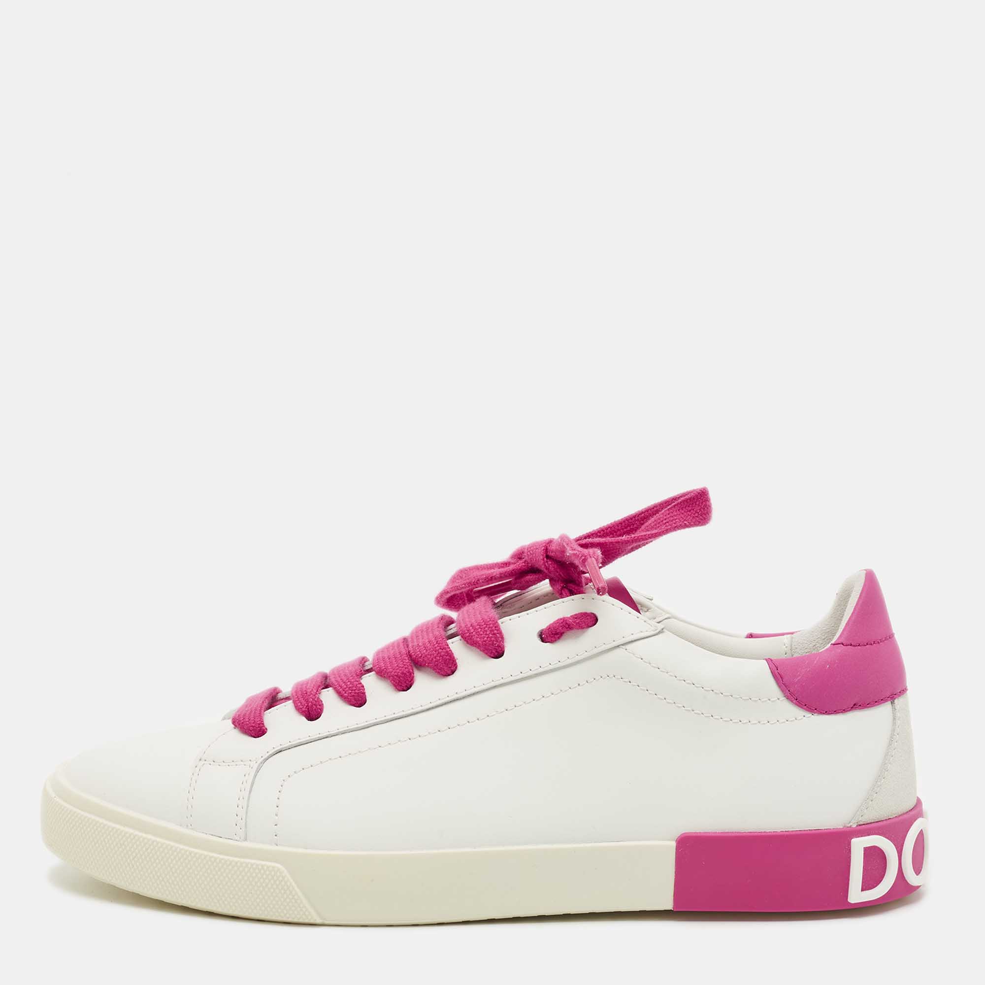 Dolce & Gabbana White/Pink Leather Portofino Low Top Sneakers Size 39