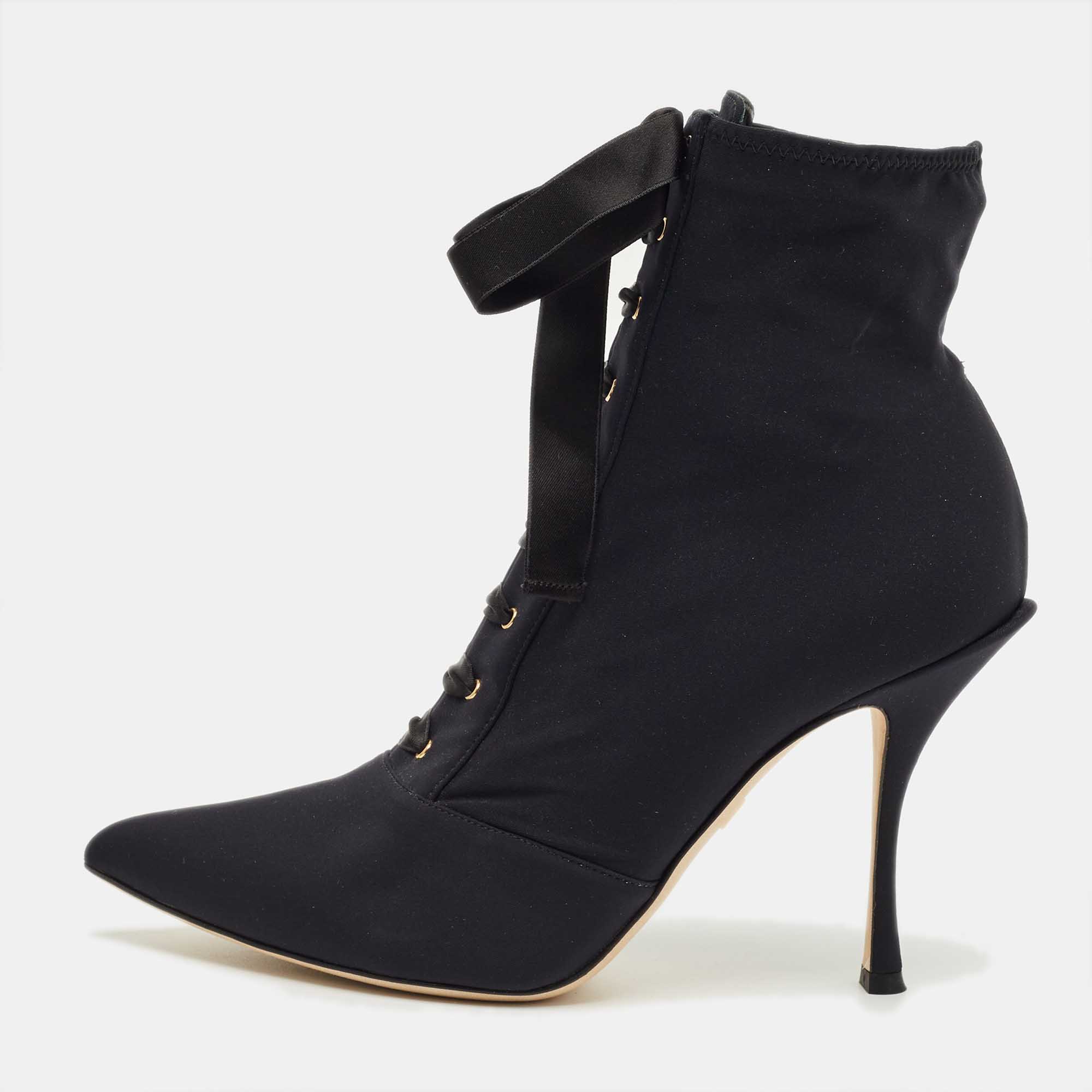 Pre-owned Dolce & Gabbana Black Jersey Lori Lace Up Booties Size 39