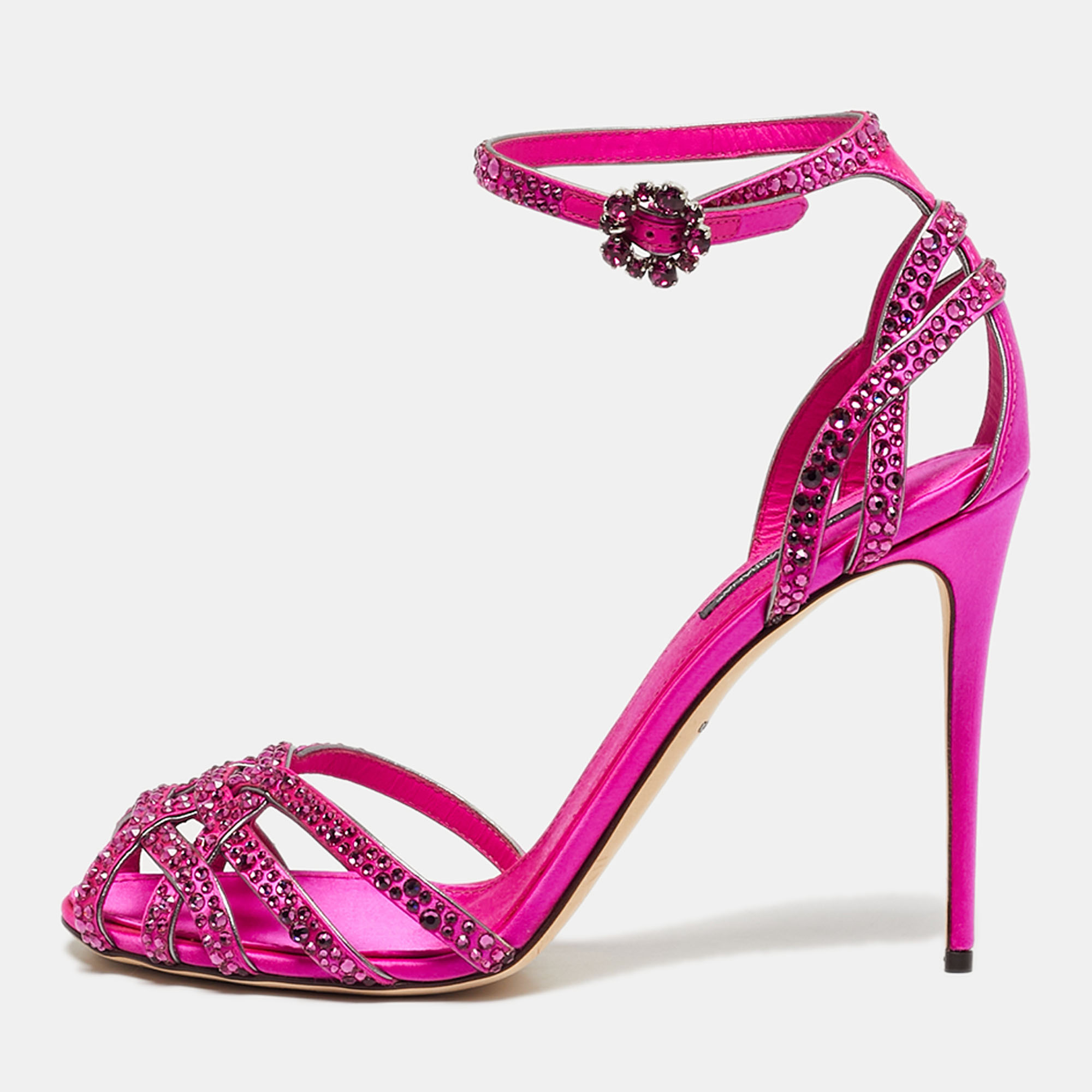 

Dolce & Gabbana Pink Satin Crystal Embellished Ankle Strap Sandals Size