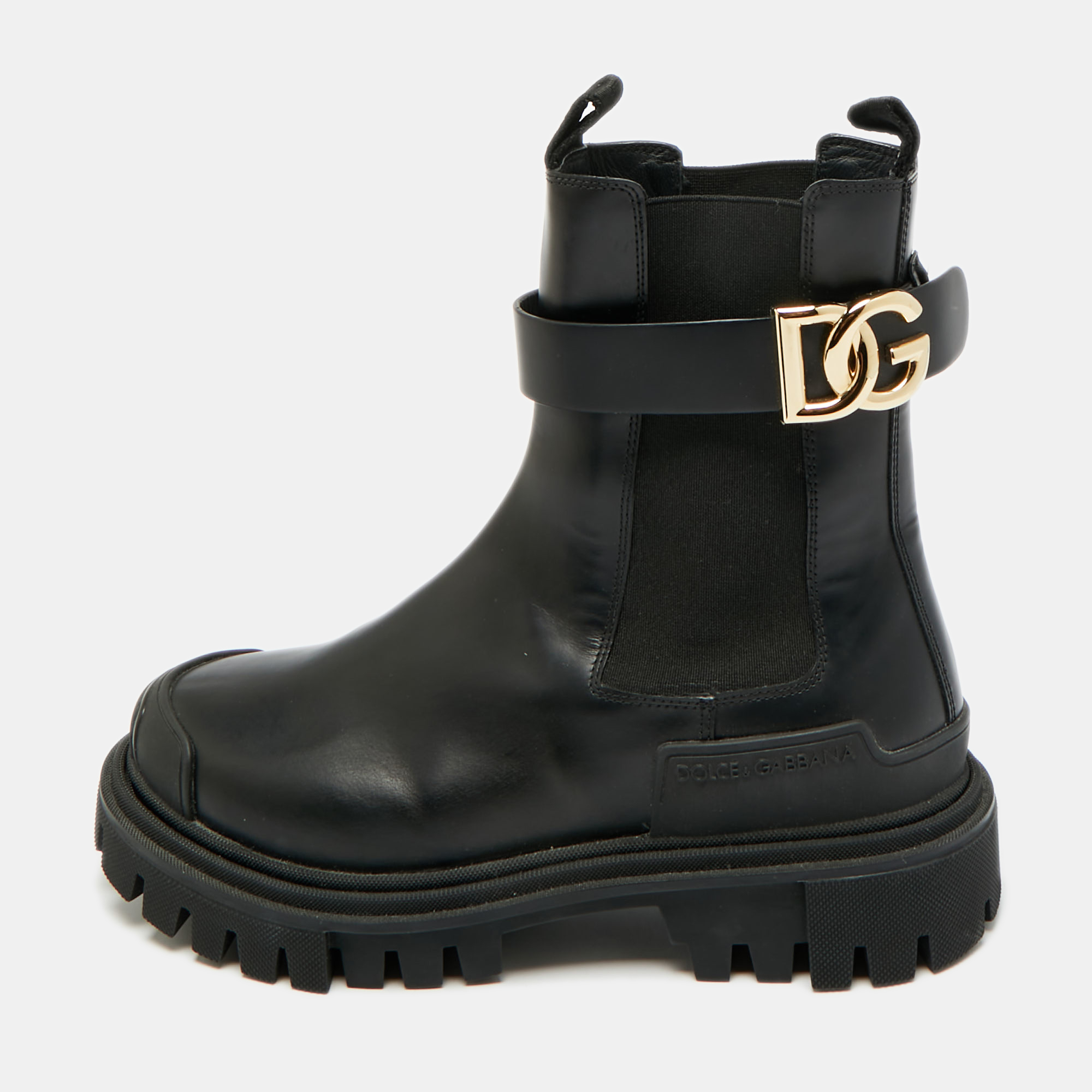 Click to view more detailed imagery on our partner's website Pre-owned Dolce & Gabbana Black Leather Dg Logo Combat Boots Size 37