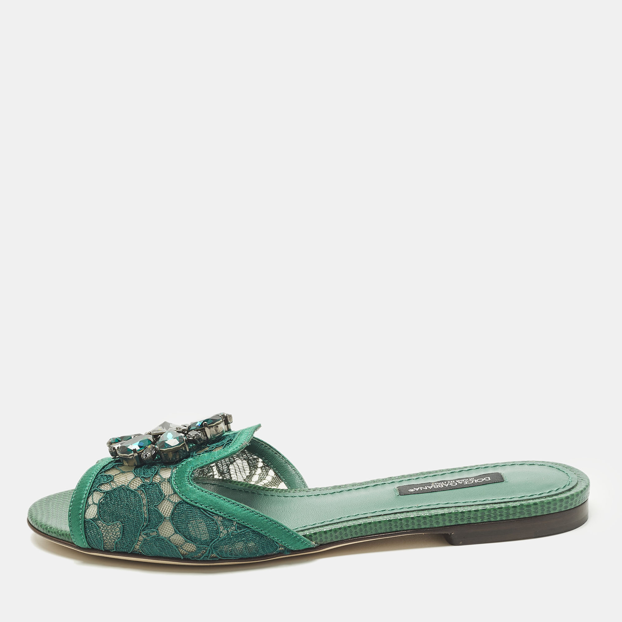 Pre-owned Dolce & Gabbana Bianca Size 36 Green Lace And Satin Flat Slide