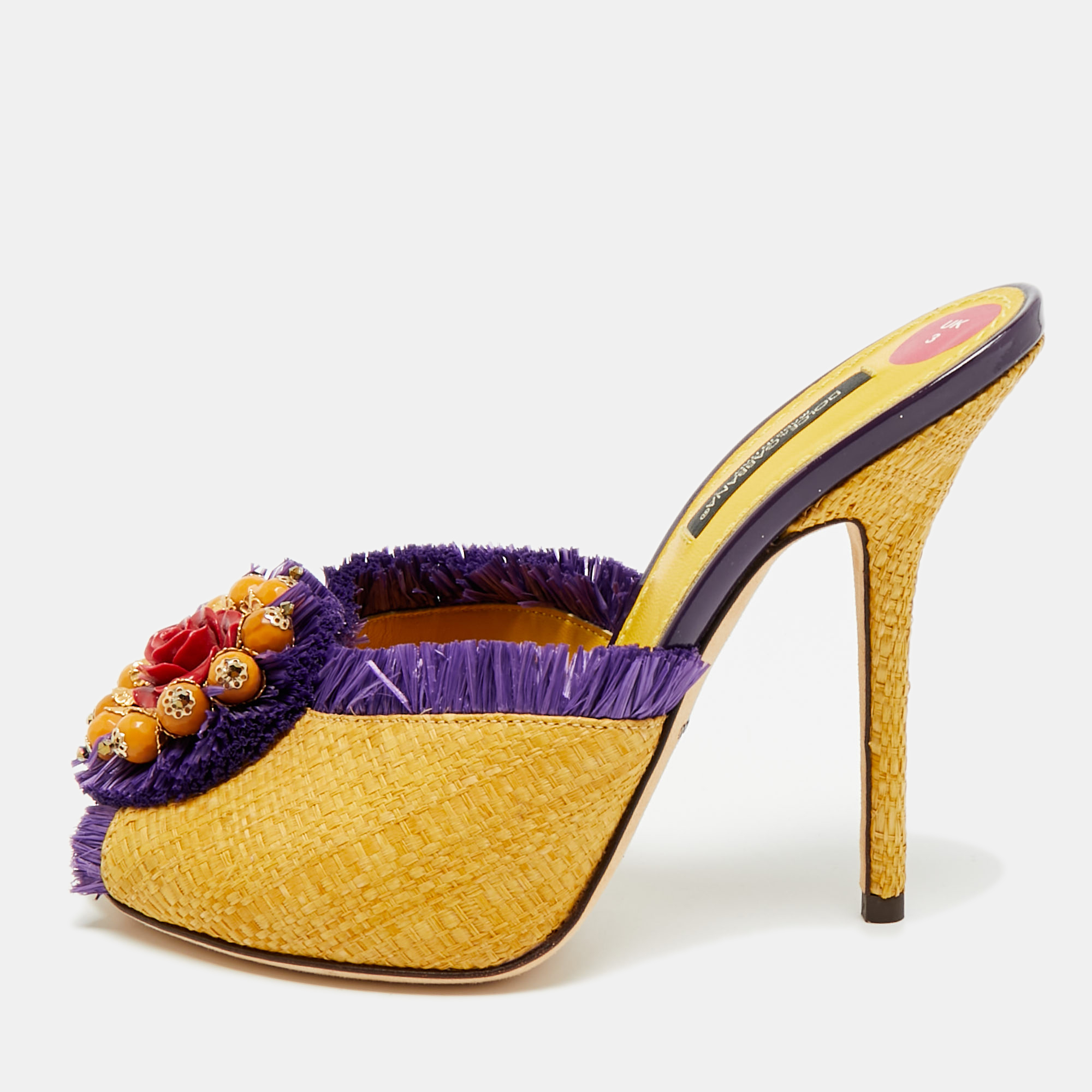 Pre-owned Dolce & Gabbana Size 36 Yellow/purple Raffia And Straw Embellishment Mules