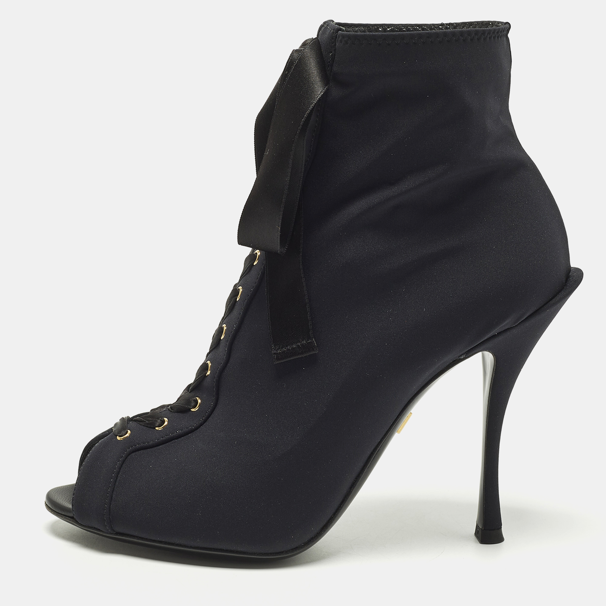 

Dolce & Gabbana Size  Black Stretch Fabric Peep Toe Ankle Length Boots