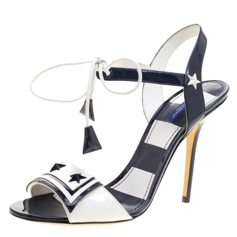 Pre Owned Dolce and Gabbana Navy Blue and White Patent Leather Keira Ankle Tie Open Toe Sandals Size 40