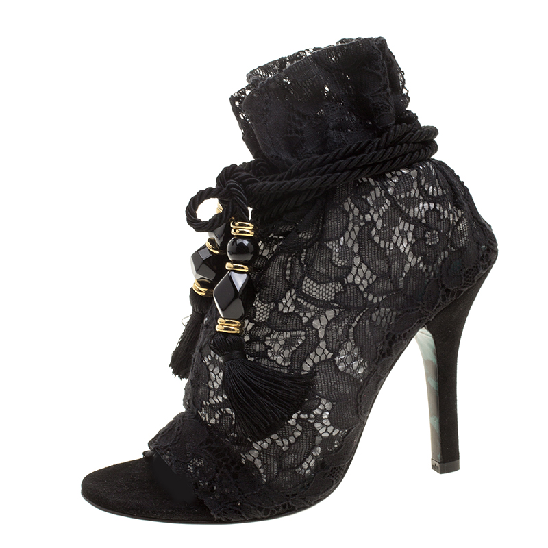 مملوكة مسبقًا Dolce and Gabbana Black Lace Drawstring Tassel Peep Toe Booties Size 36