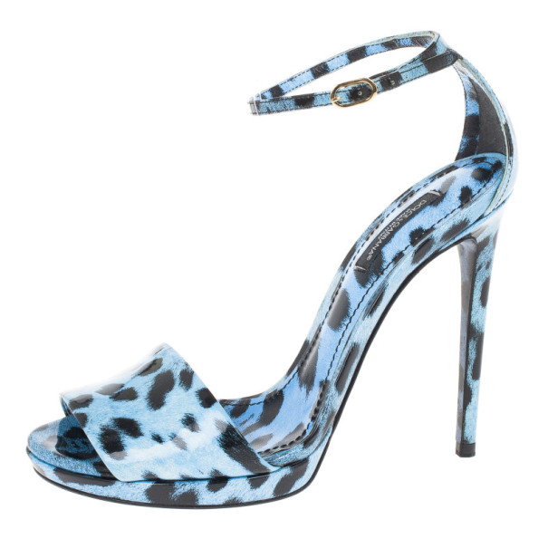 Pre Owned Dolce and Gabbana Blue Leopard Print Patent Ankle Strap Sandals Size 37