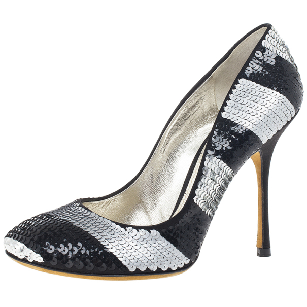 Pre Owned Dolce and Gabbana Black and Silver Sequin Pumps Size 37