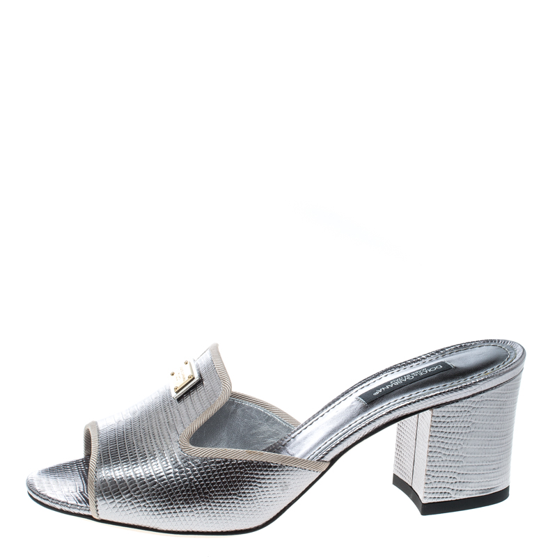 

Dolce and Gabbana Grey Lizard Leather Block Heel Mules Size