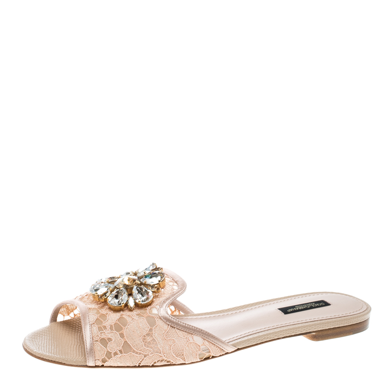 Pre Owned Dolce and Gabbana Peach Lace Sofia Crystal Embellished Flat Slides Size 40