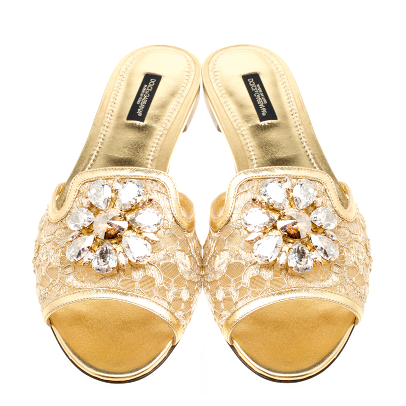 Pre Owned Dolce and Gabbana Metallic Gold Lace Sofia Crystal Embellished Flat Slides Size 39