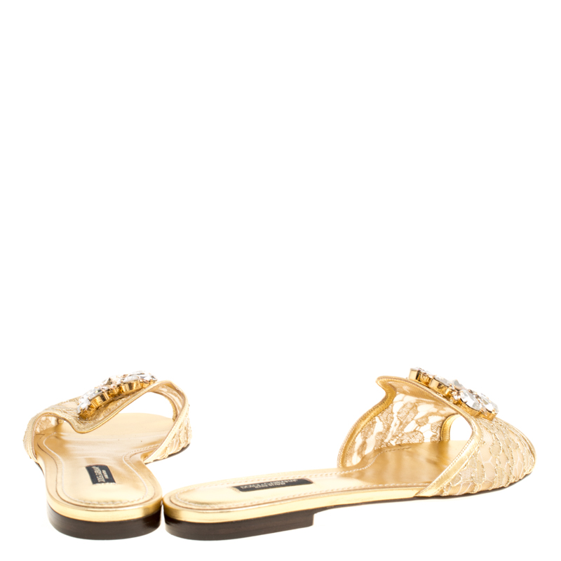 Pre Owned Dolce and Gabbana Metallic Gold Lace Sofia Crystal Embellished Flat Slides Size 39
