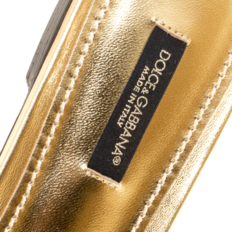Pre Owned Dolce and Gabbana Metallic Gold Lace Sofia Crystal Embellished Flat Slides Size 39
