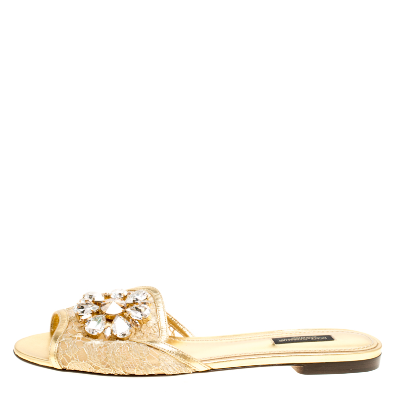 Pre Owned Dolce and Gabbana Metallic Gold Lace Sofia Crystal Embellished Flat Slides Size 39