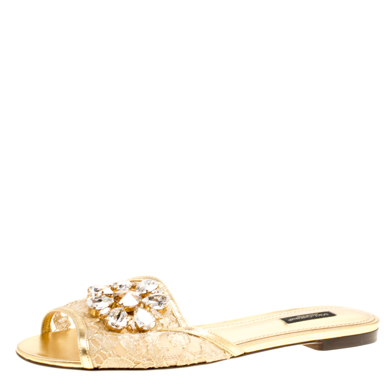 Pre Owned Dolce and Gabbana Metallic Gold Lace Sofia Crystal Embellished Flat Slides Size 39